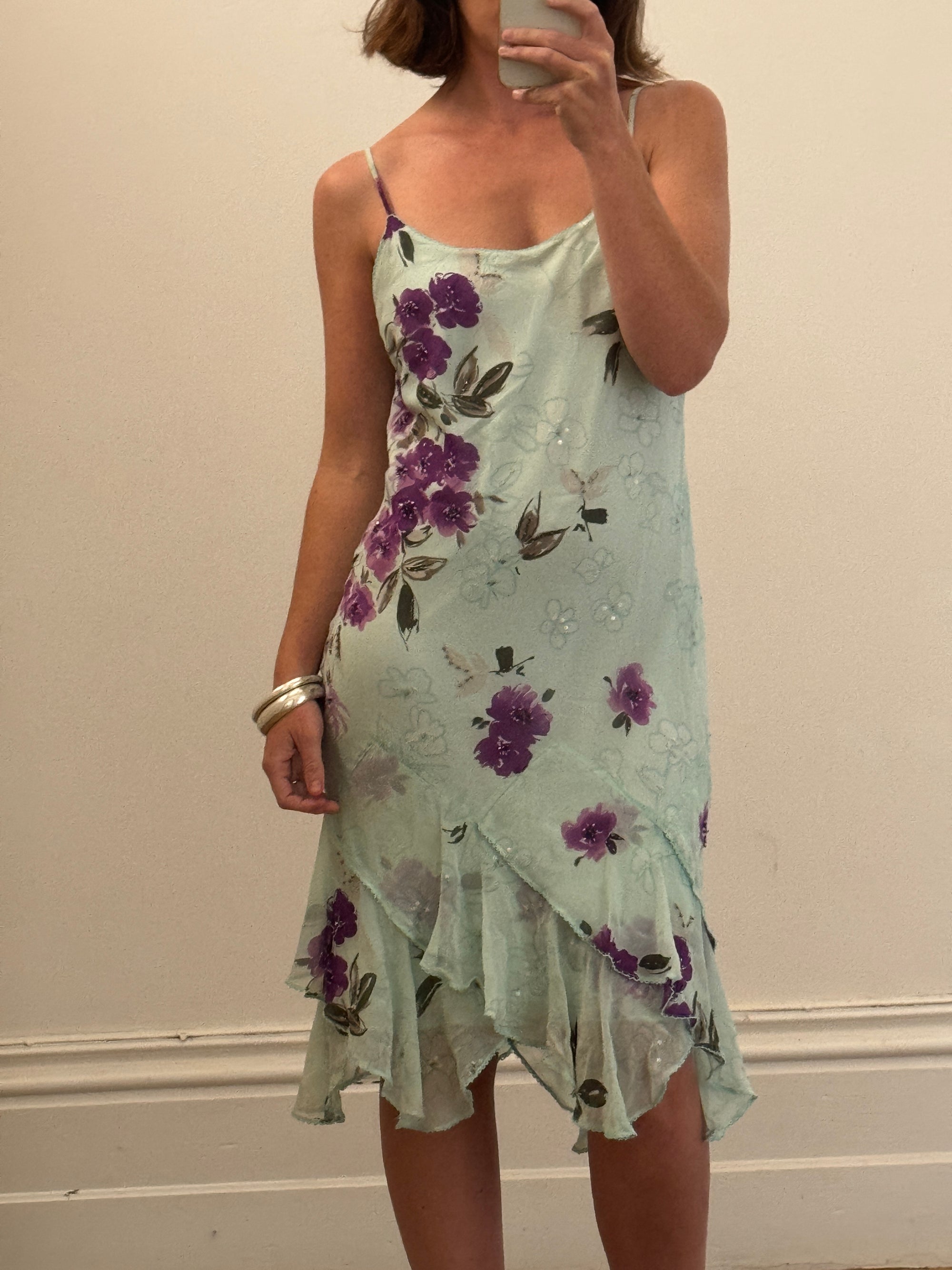 Vintage 90s Pure Silk Floral Mint Fairy Dress