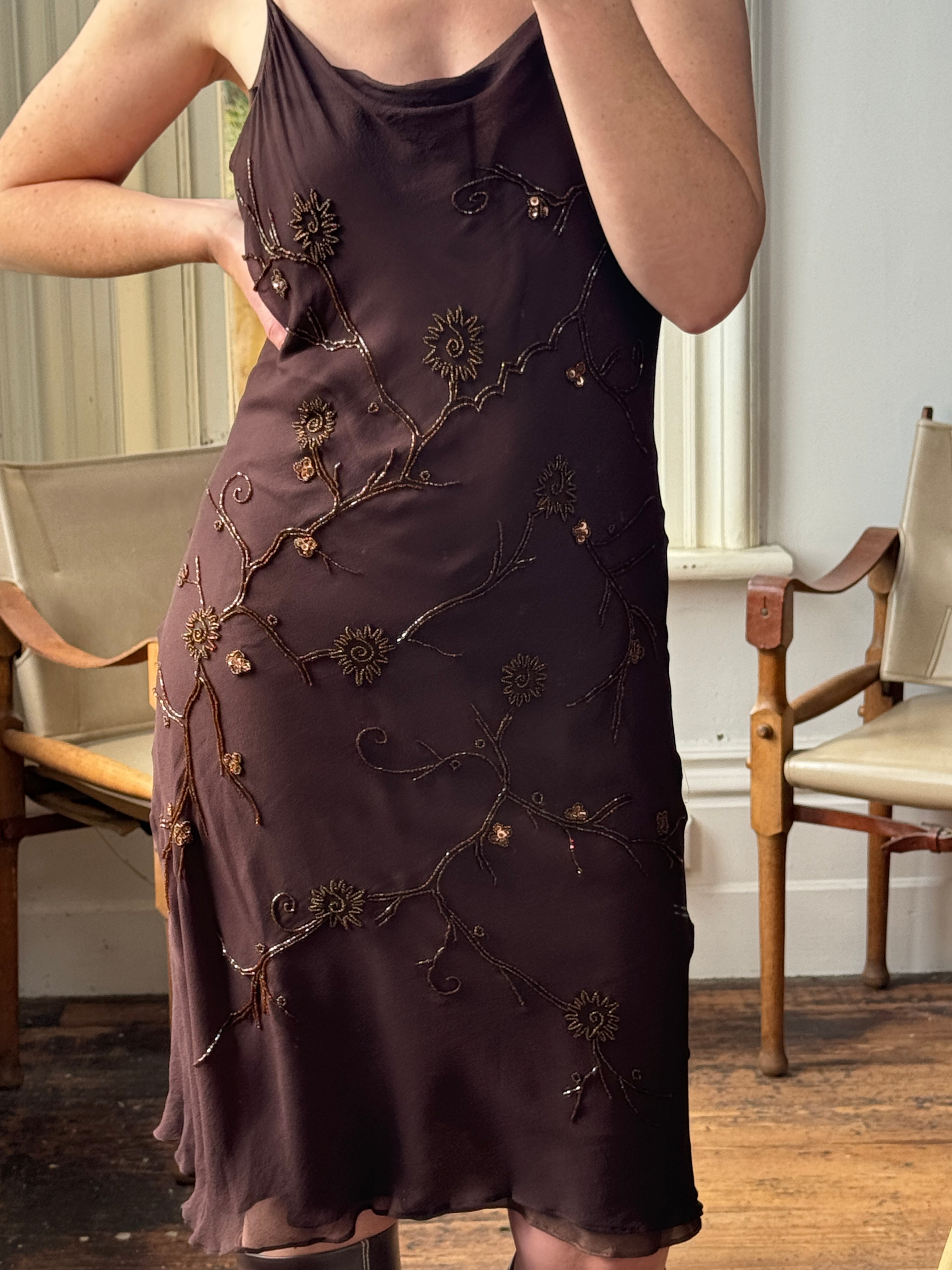 Vintage 90s Pure Silk Bias Cut Beaded Dress Brown