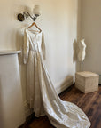 Vintage 60s Satin Jacquard Embellished Wedding Gown Ivory