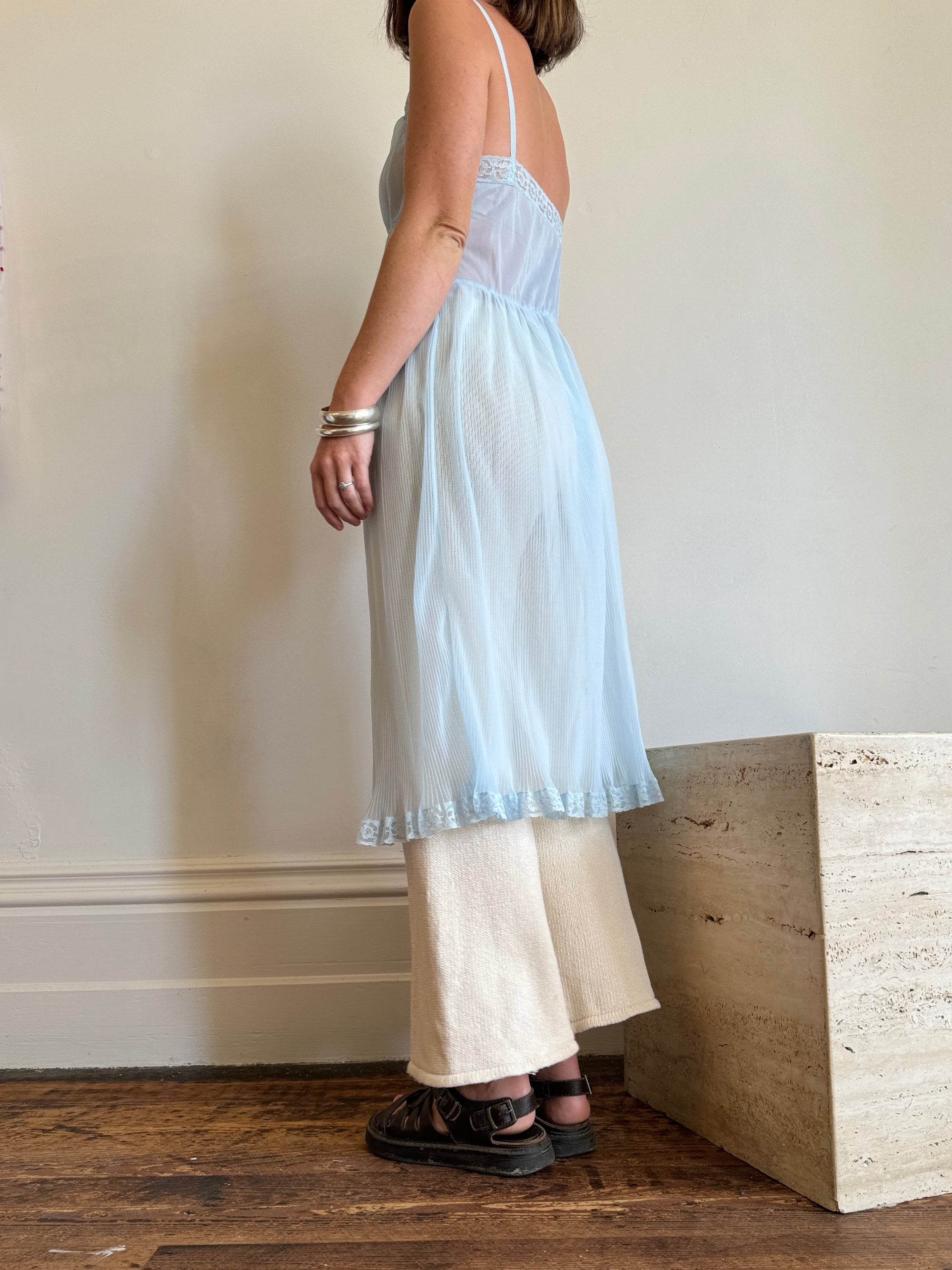 Vintage Pleated Negligee Slip Baby Blue