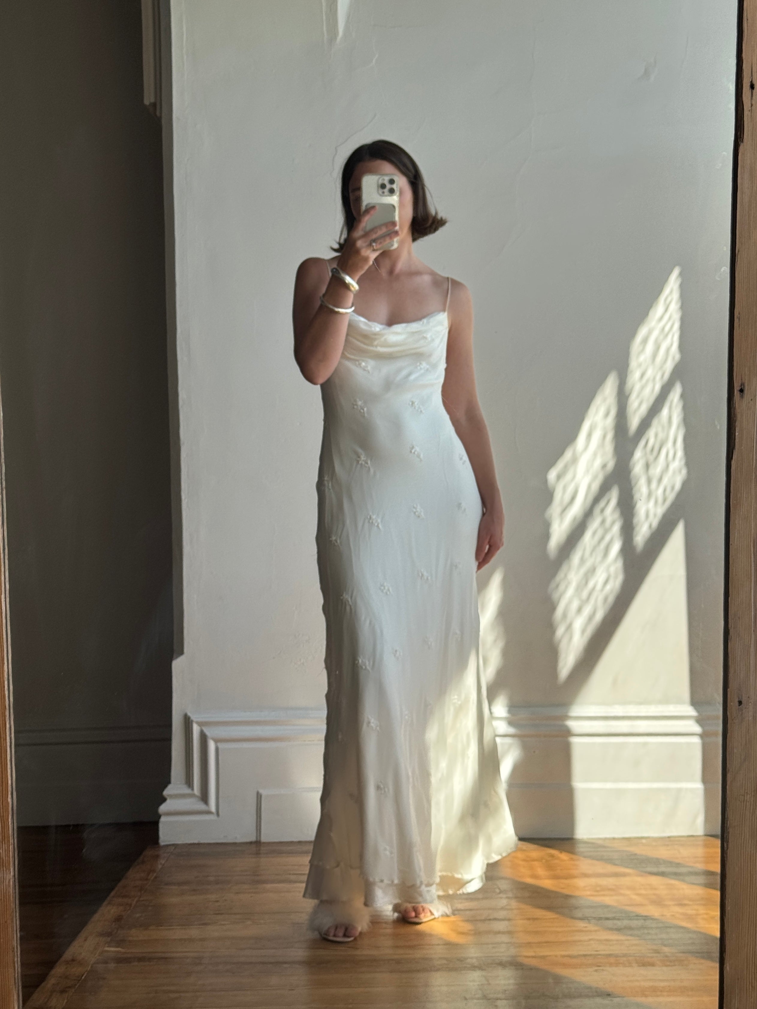 Vintage 90s Pure Silk Bias Cut Slip Embroidered Wedding Dress