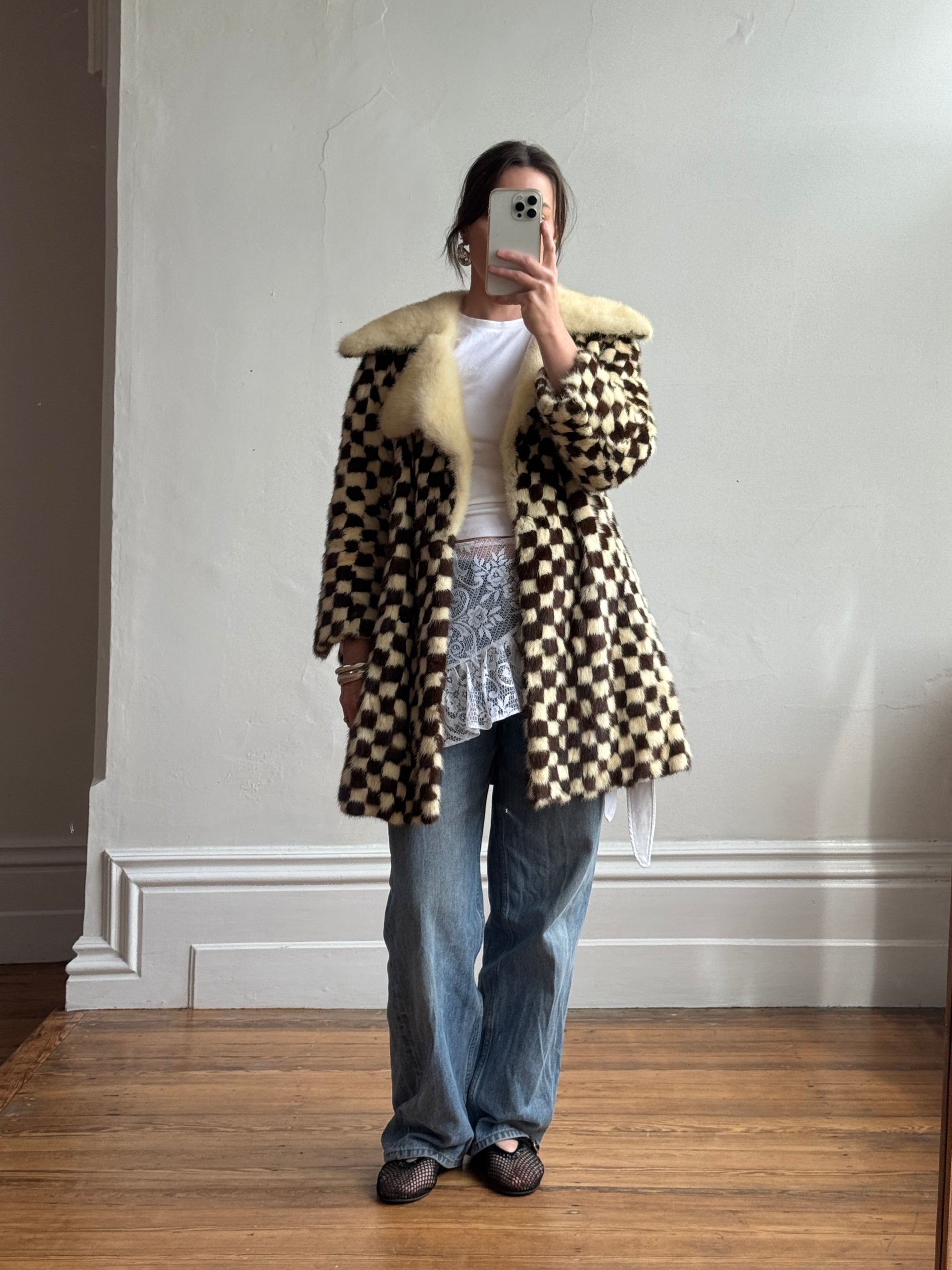 Vintage Rare 70s Mink Fur Checkerboard Coat