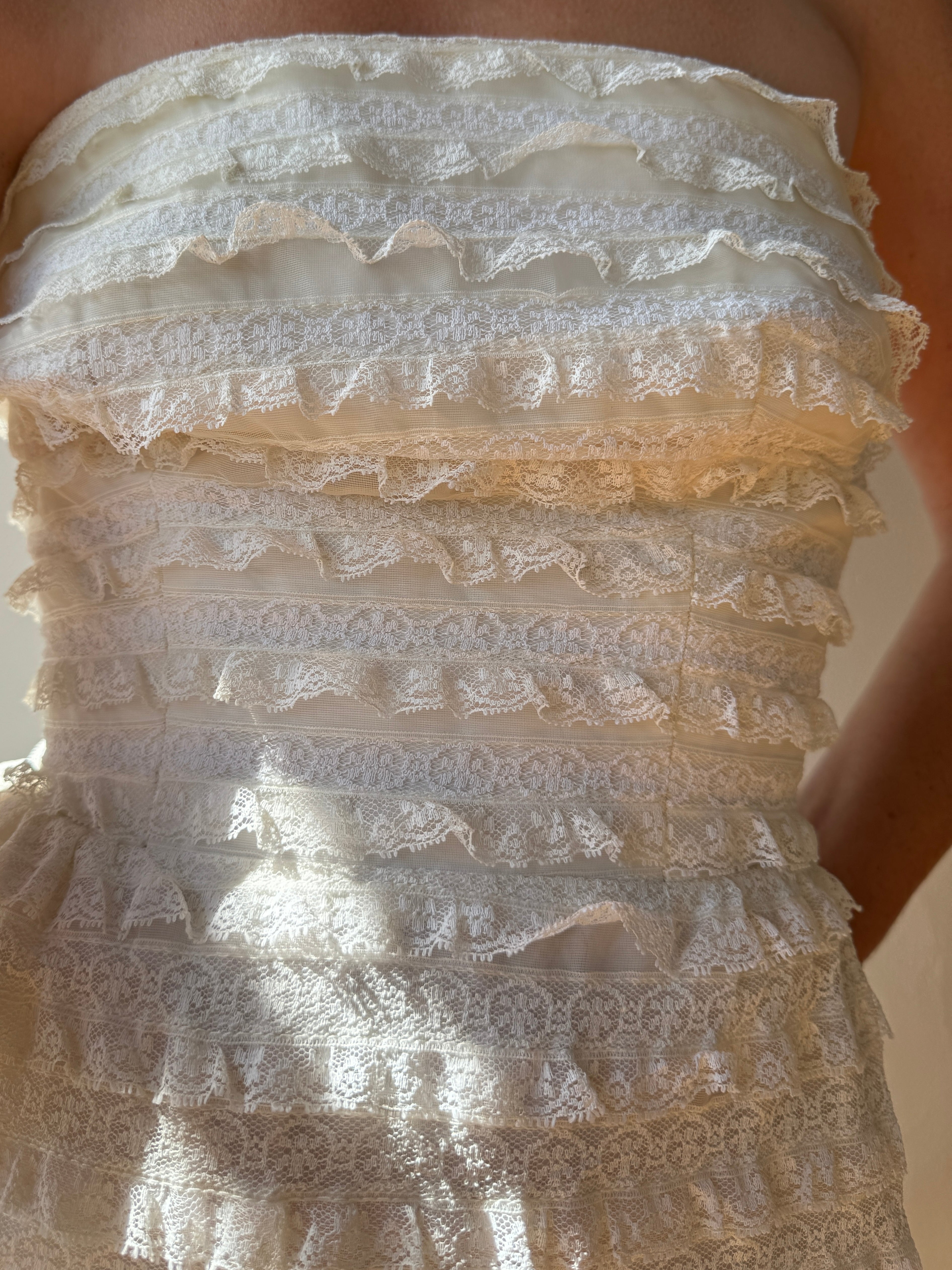 Vintage 60s Tiered Ruffle Lace Strapless Midi