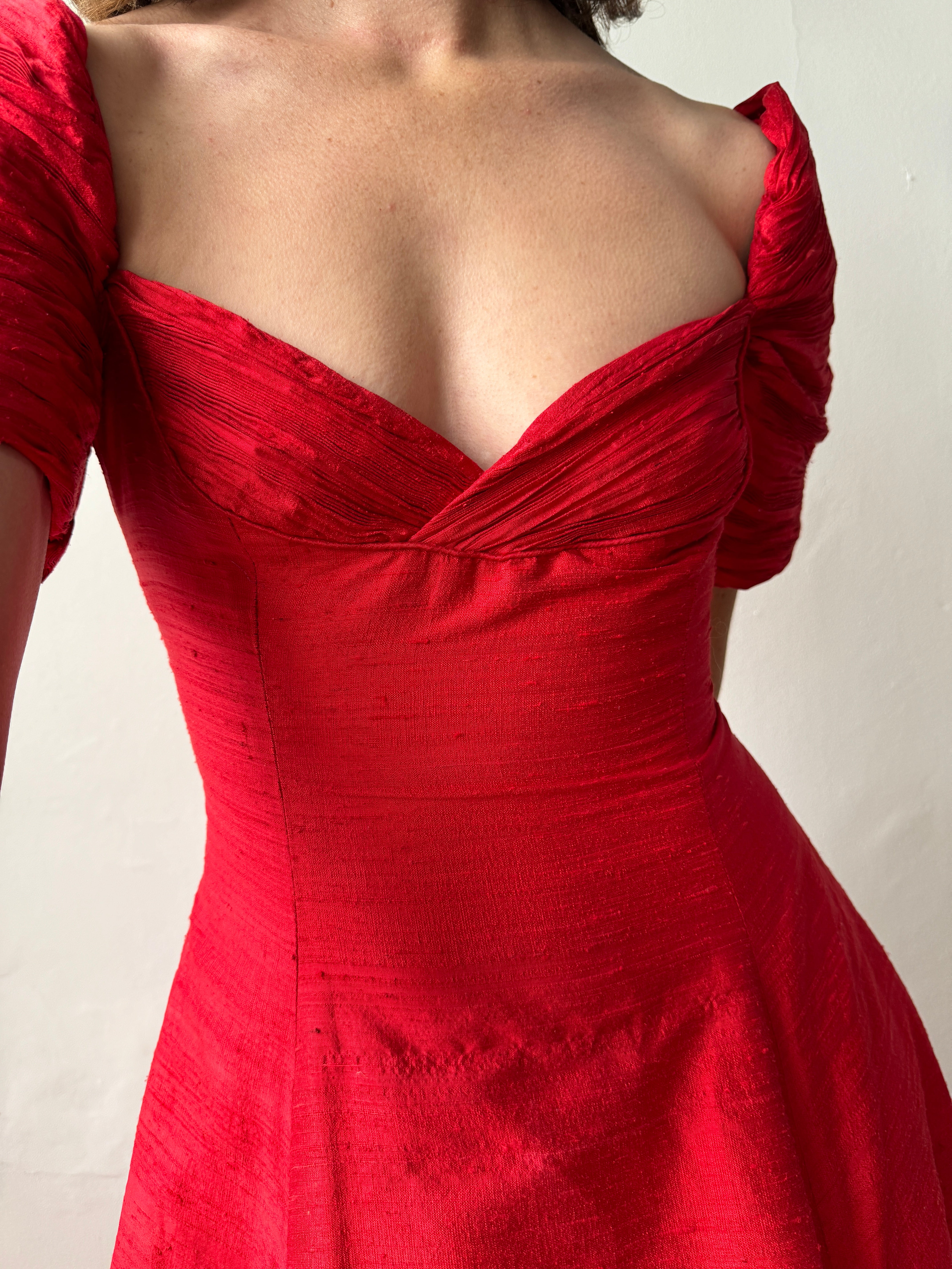 Vintage Pure Silk Red Off Shoulder Midi Dress