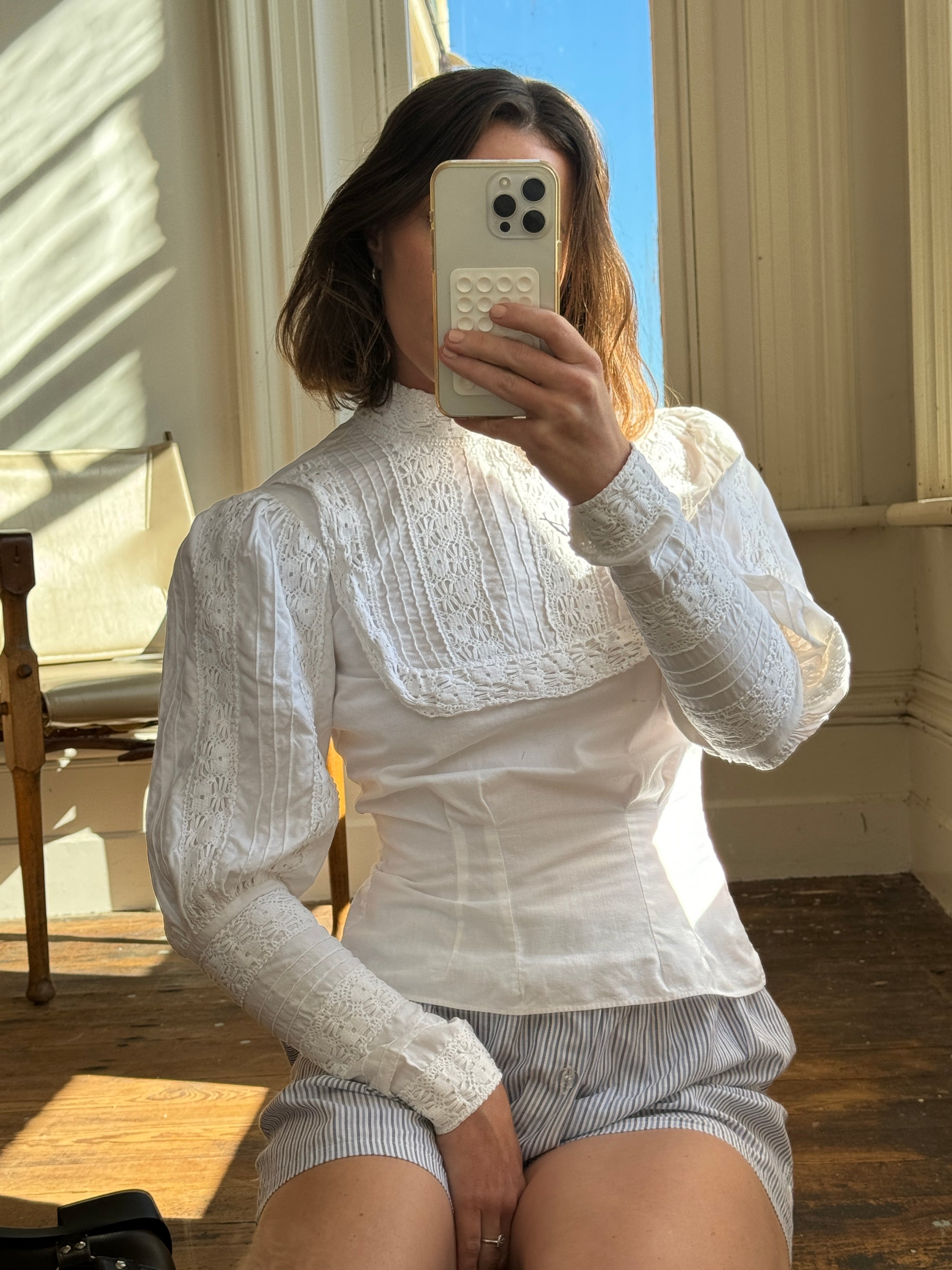 Vintage Edwardian Cotton Hi Front Bib Blouse