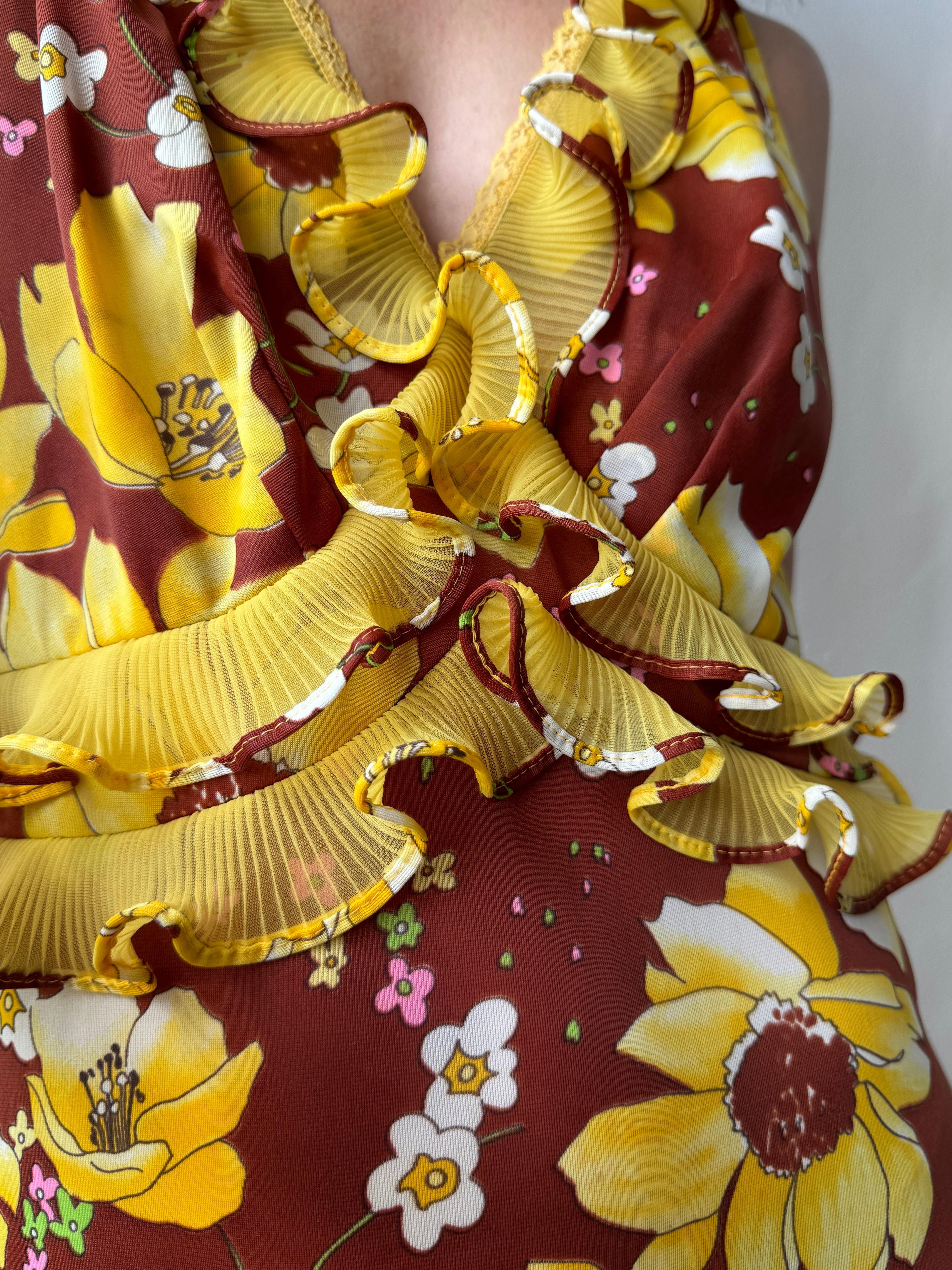 Vintage Italian Floral Ruffle Maxi Dress