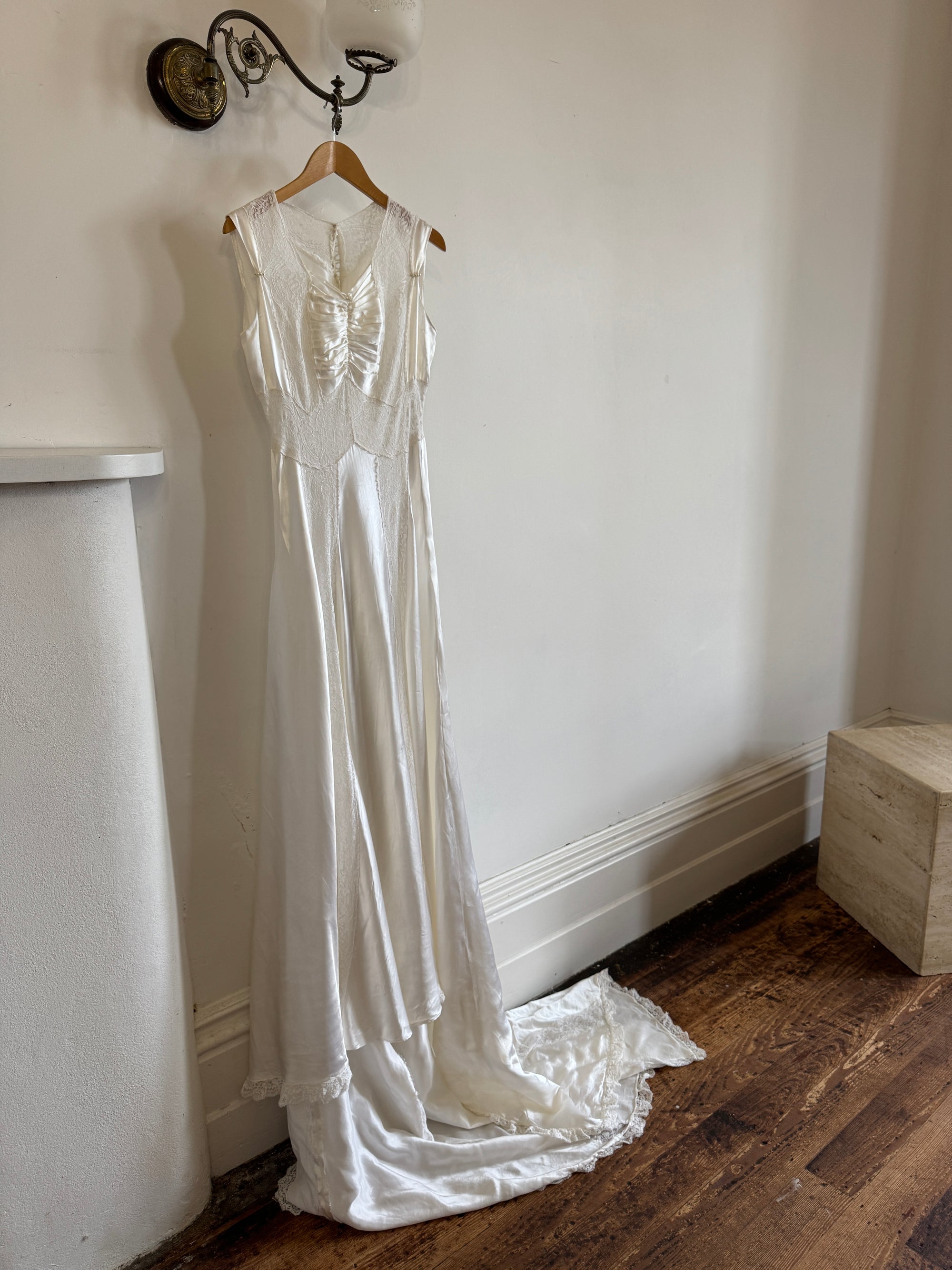 Vintage 40s Liquid Satin Sleeveless Lace Wedding Gown