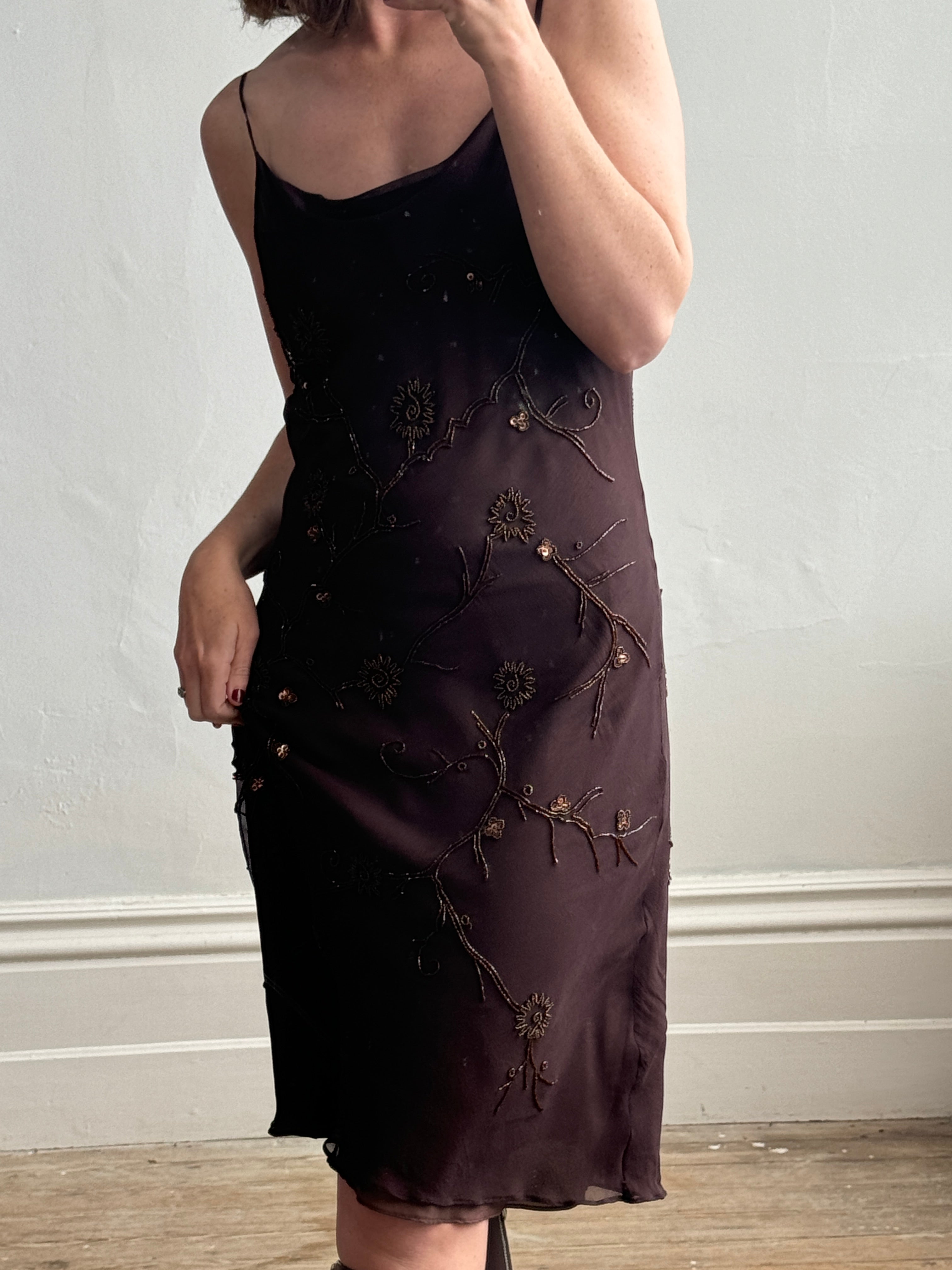 Vintage 90s Pure Silk Bias Cut Beaded Dress Brown