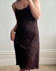Vintage 90s Pure Silk Bias Cut Beaded Dress Brown