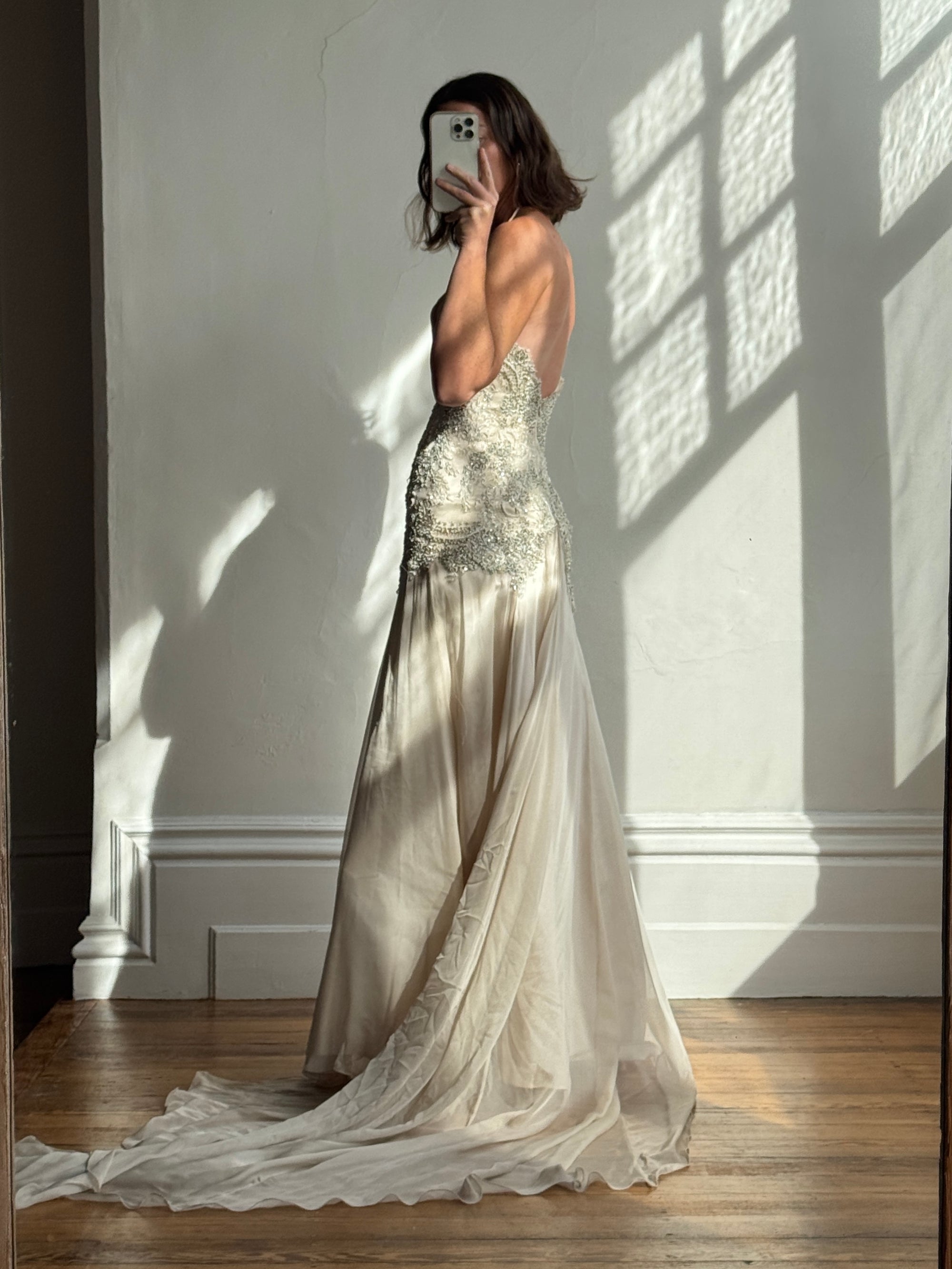 Vintage 90s Pure Silk Drop Waist Beaded Halter Gown with Cathedral Train