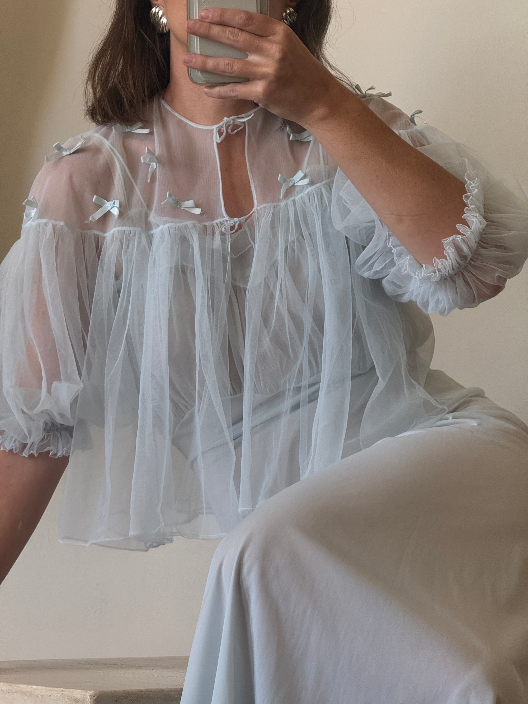Vintage 50s Baby Blue Peignoir Slip and Jacket Set with Bows