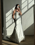 Vintage Y2K Strapless Satin Wedding Gown with Ruffled Train