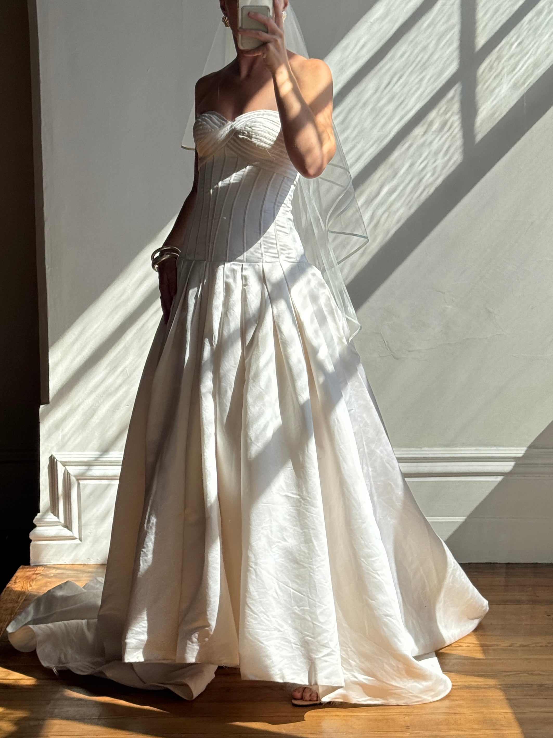 Vintage Y2K Pure Silk Drop Waist Satin Strapless Wedding Gown
