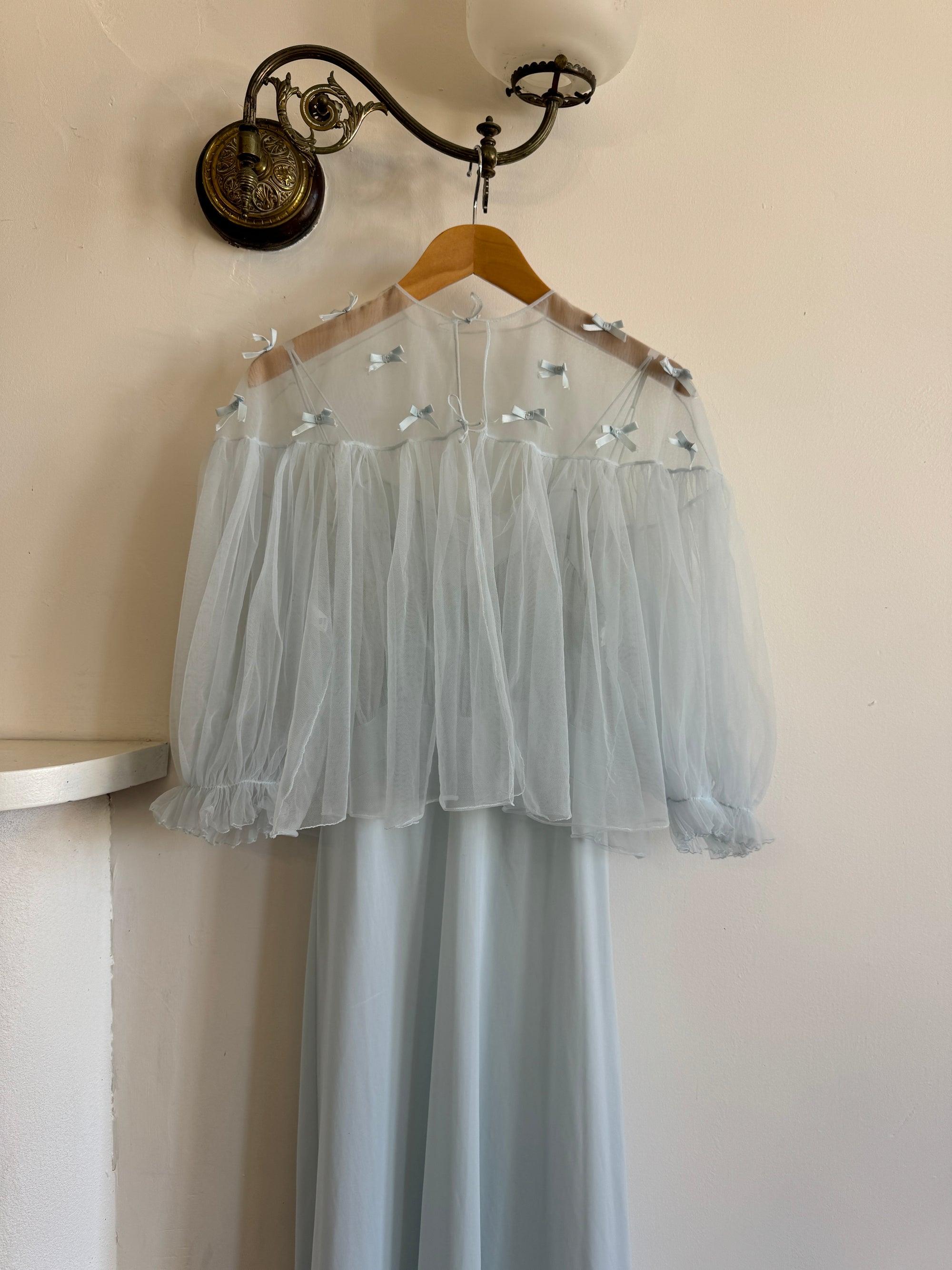 Vintage 50s Baby Blue Peignoir Slip and Jacket Set with Bows