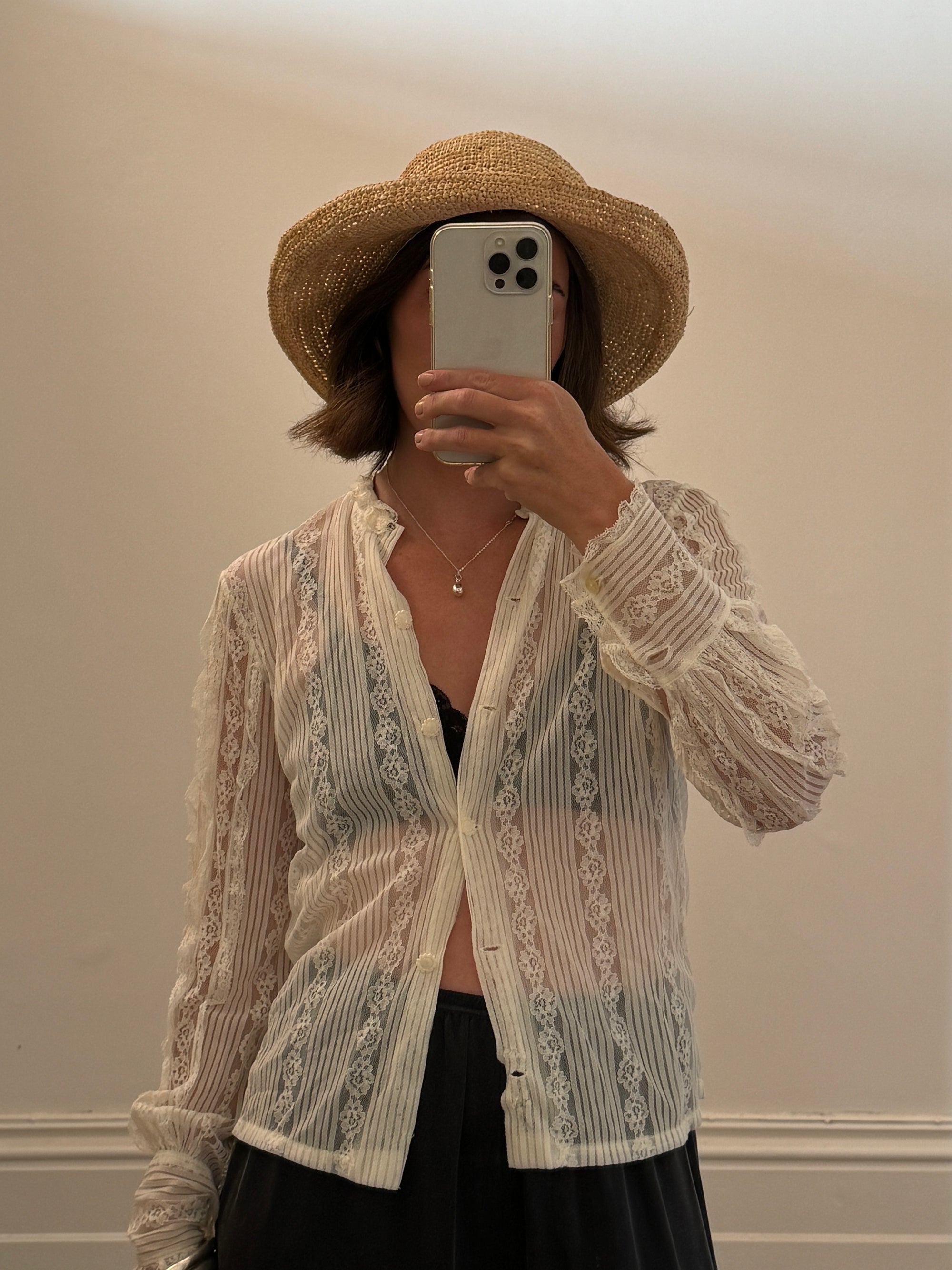 Vintage Lace Stretch Button Up Blouse