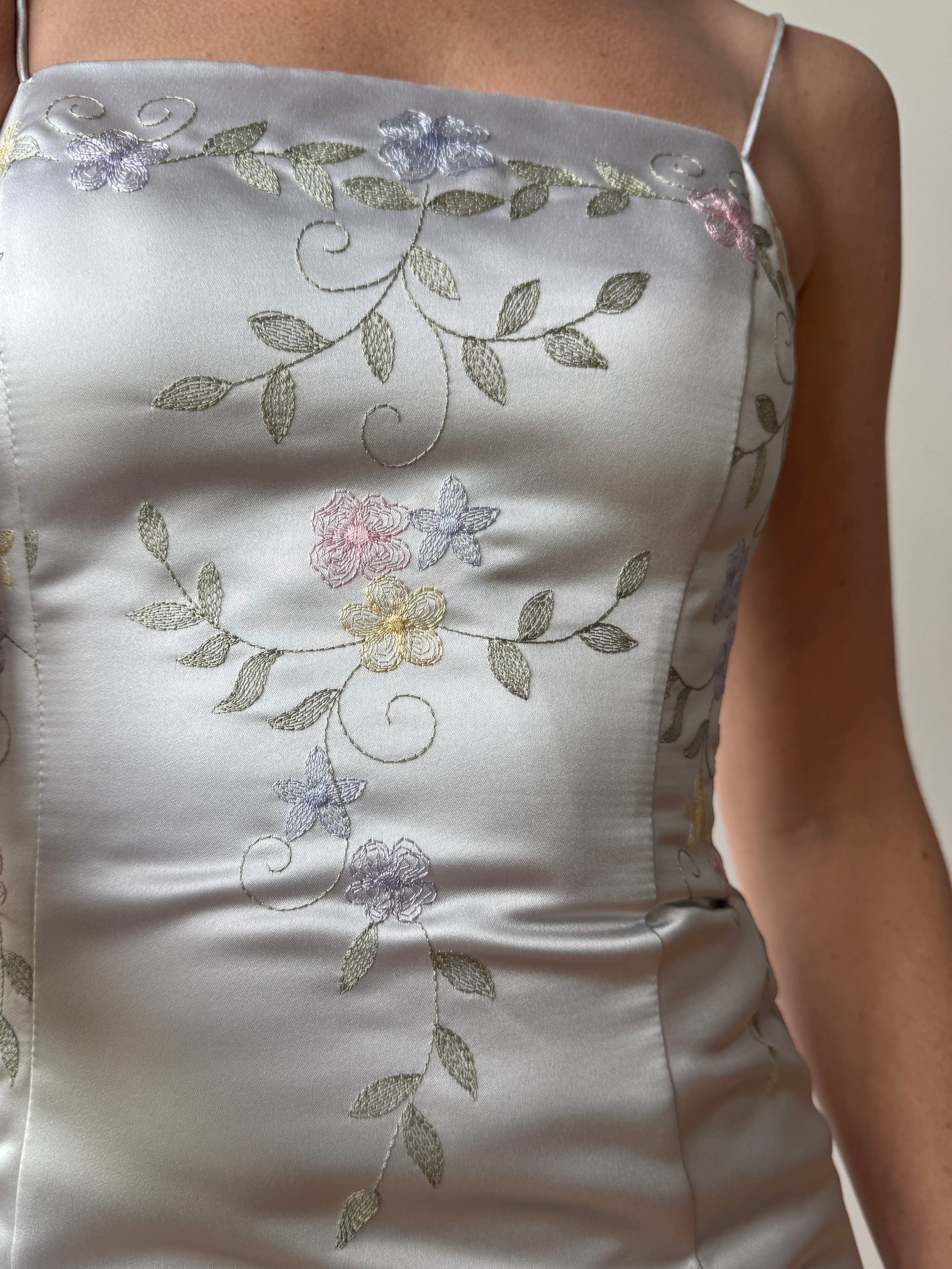 Vintage 90s Baby Blue Satin Embroidered Floral Column Midi