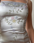 Vintage 90s Baby Blue Satin Embroidered Floral Column Midi
