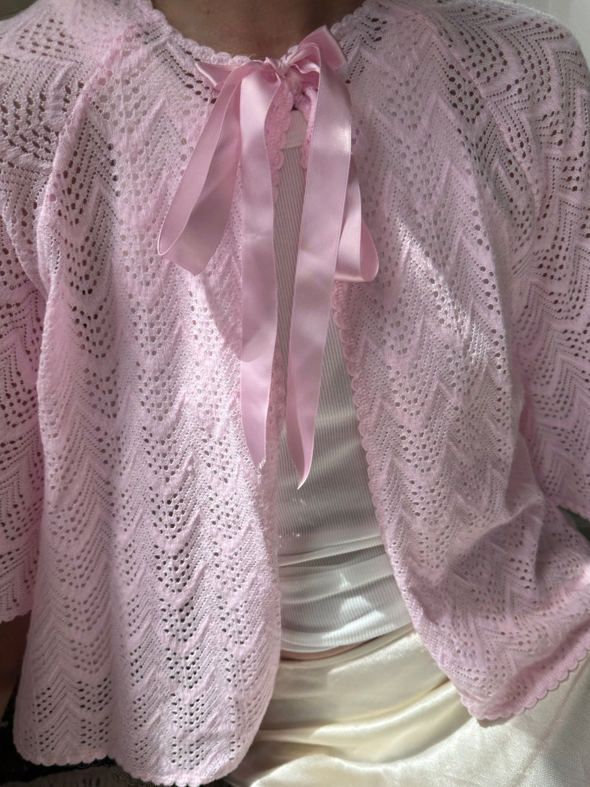 Vintage Ribbon Tie Cardi Marshmallow Pink