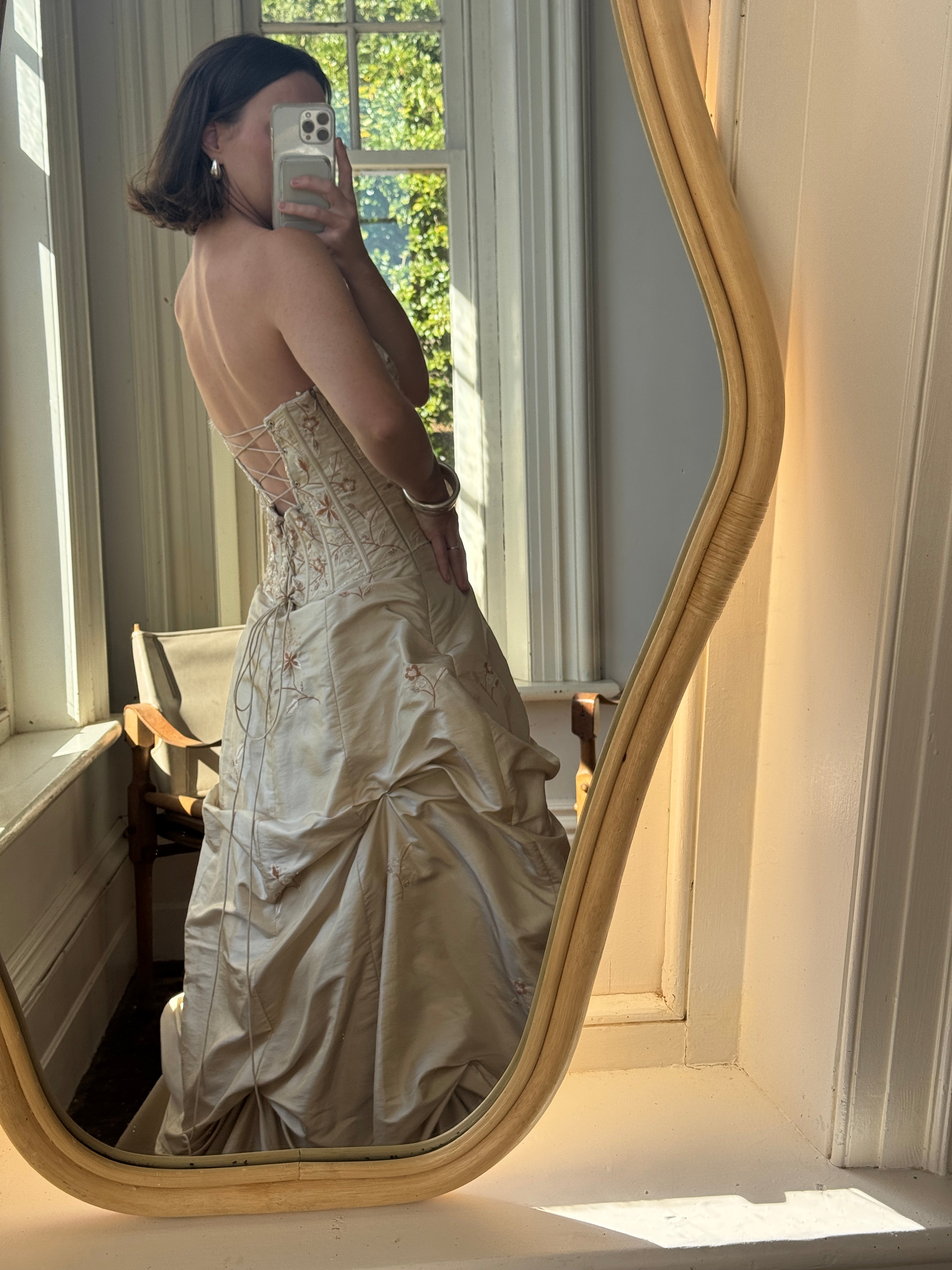 Vintage 90s Golden Embroidered Princess Strapless Gown