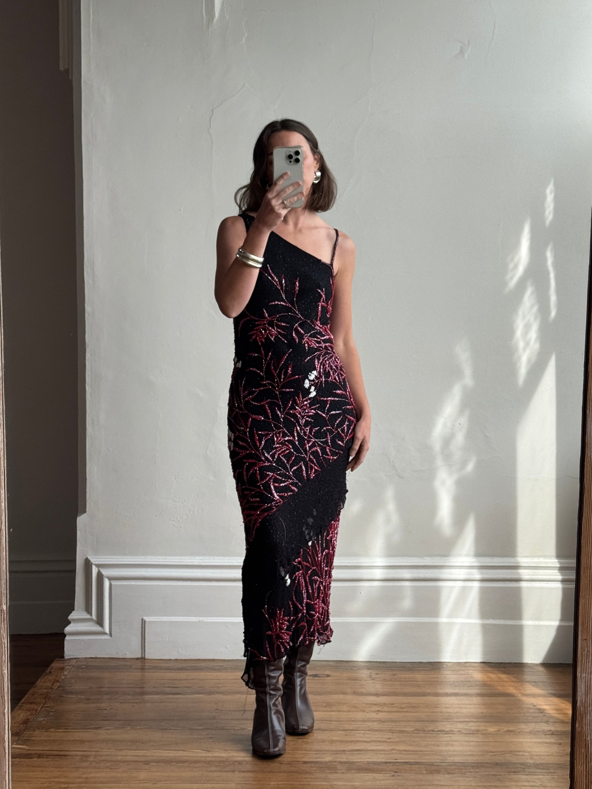 Vintage 90s Beaded Asymmetrical Evening Dress Red Vine