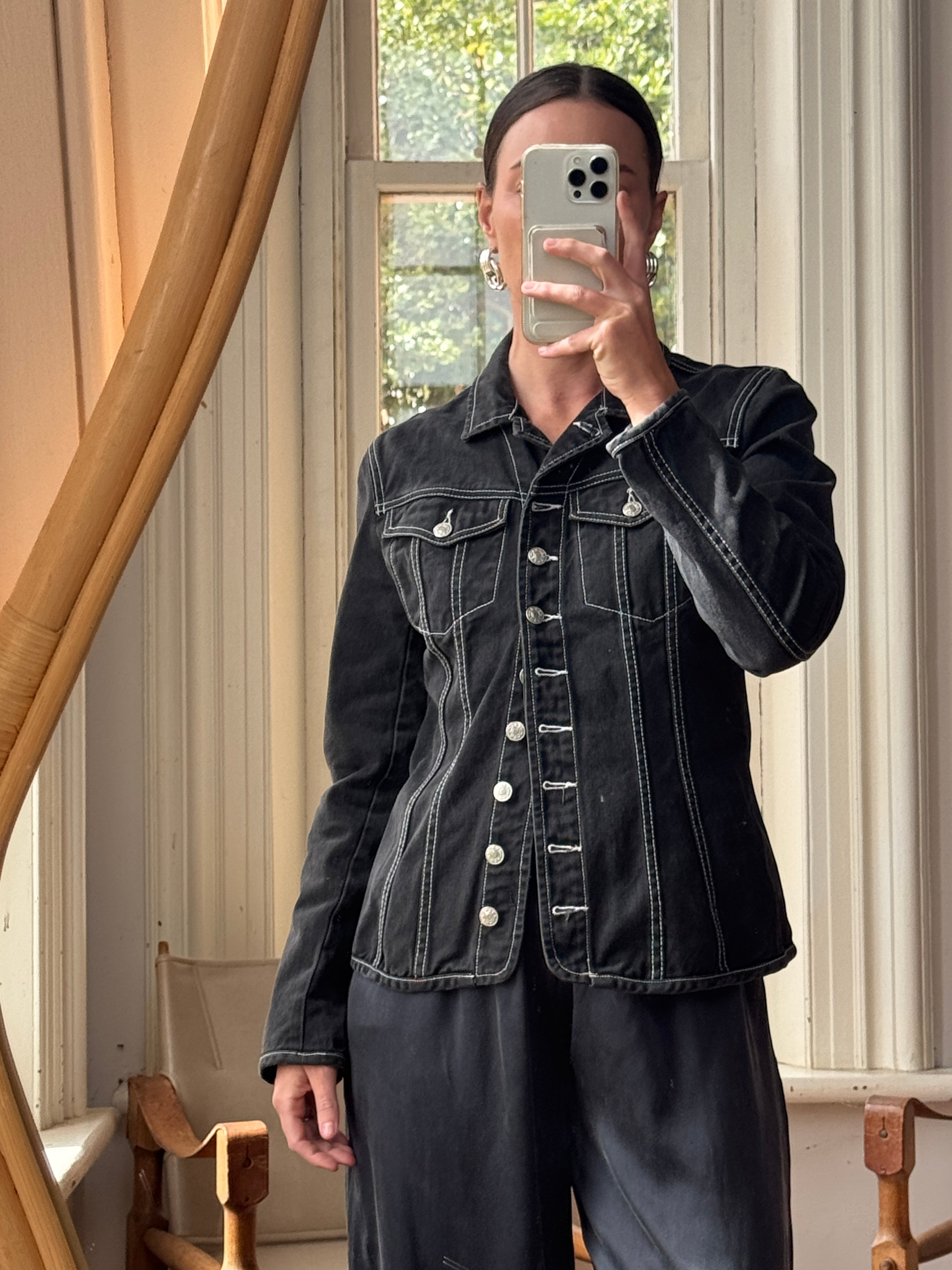 Vintage 90s Black Denim Contrast Stitch Top
