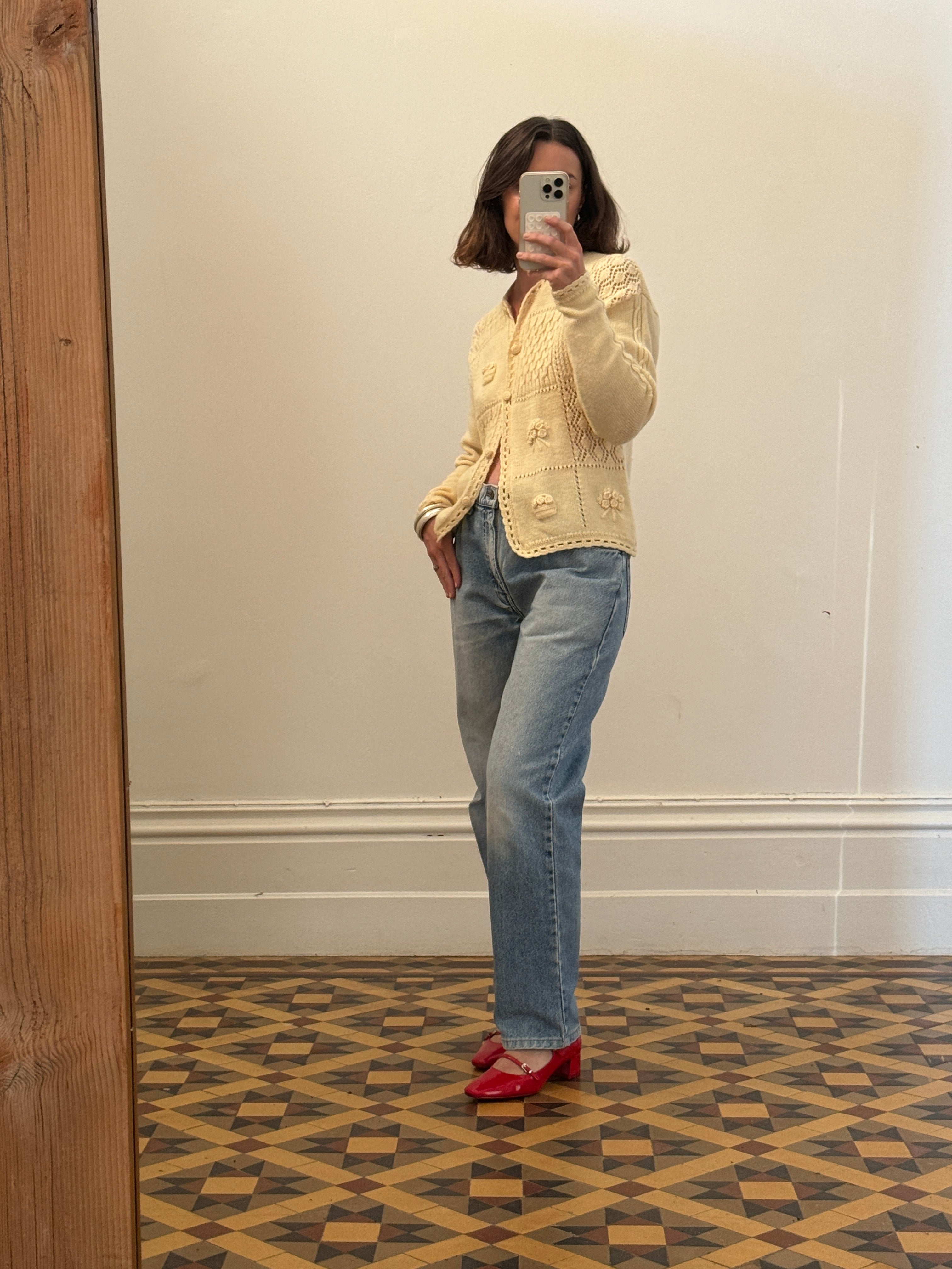 Vintage 90s Pure Wool Bouquet Knitted Cardi Creme