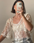 Vintage 70s Stretchy Sheer Lace Smock Dress Creme