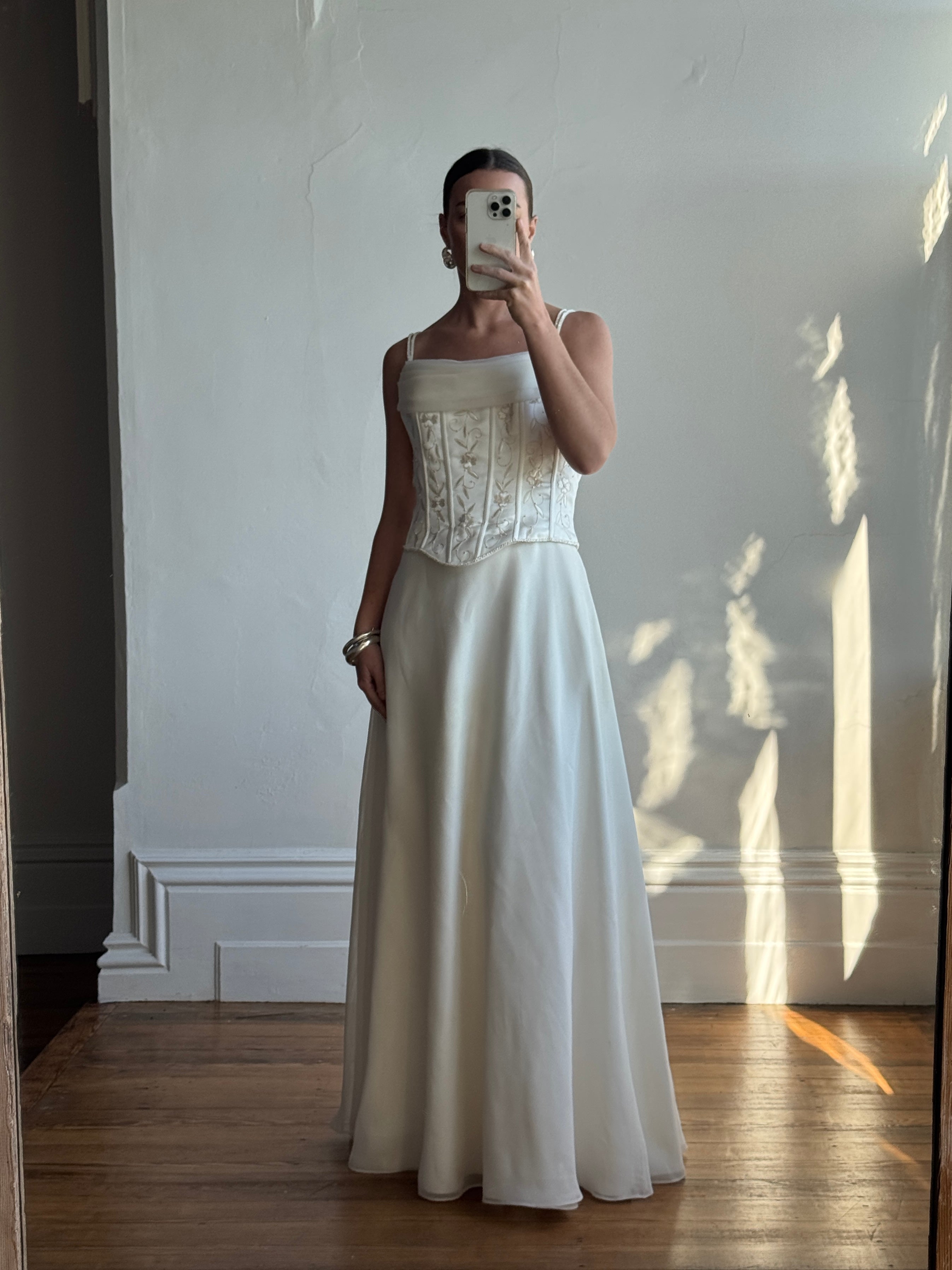 Vintage 90s Chiffon Jacquard Corset Embellishment Wedding Gown