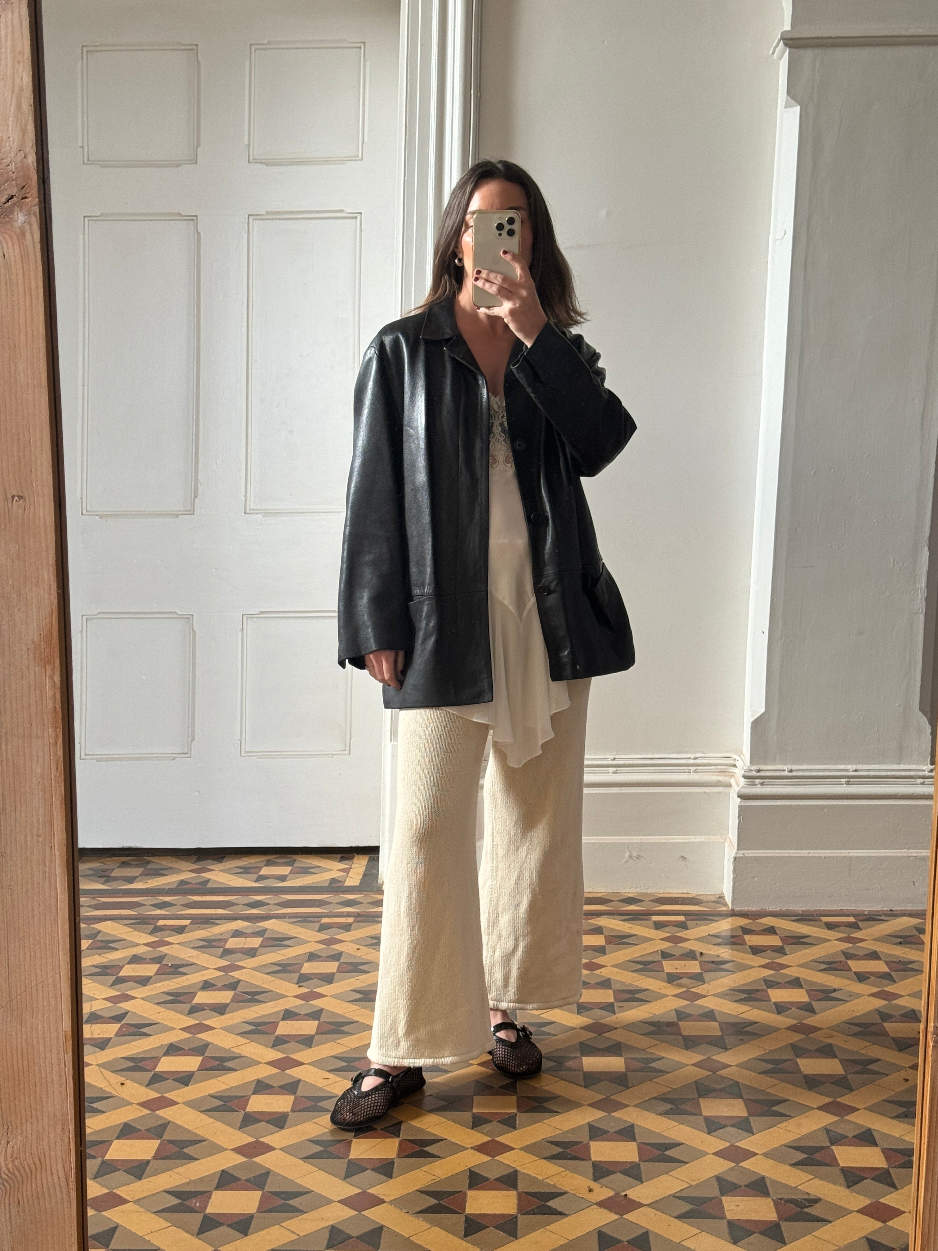 Vintage 90s Collared Leather Jacket Noir