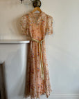 Vintage Sheer Peach Floral Collared Sundress With Tie