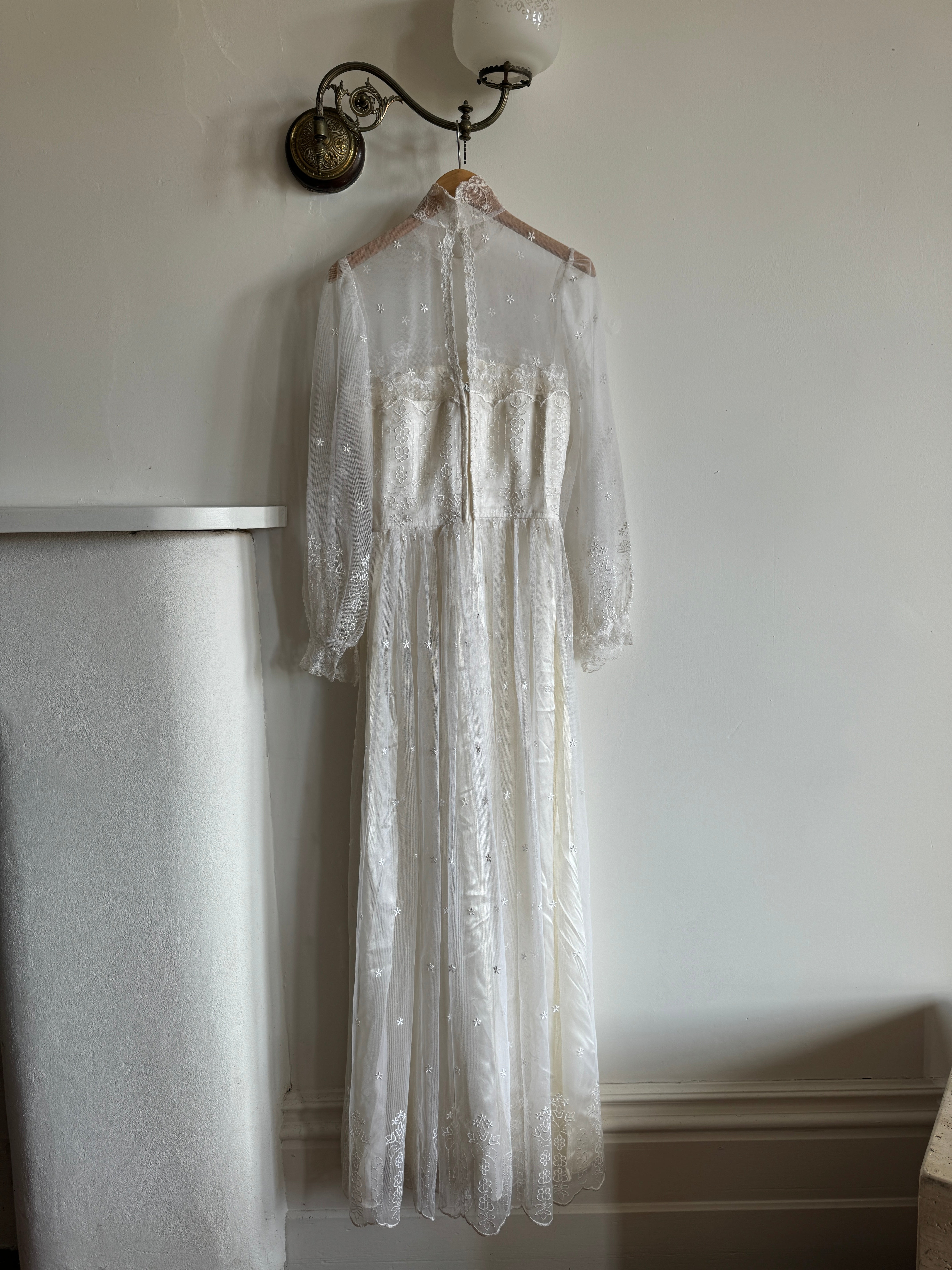 Vintage 70s High Neck Embroidered Long Sleeve Wedding Dress