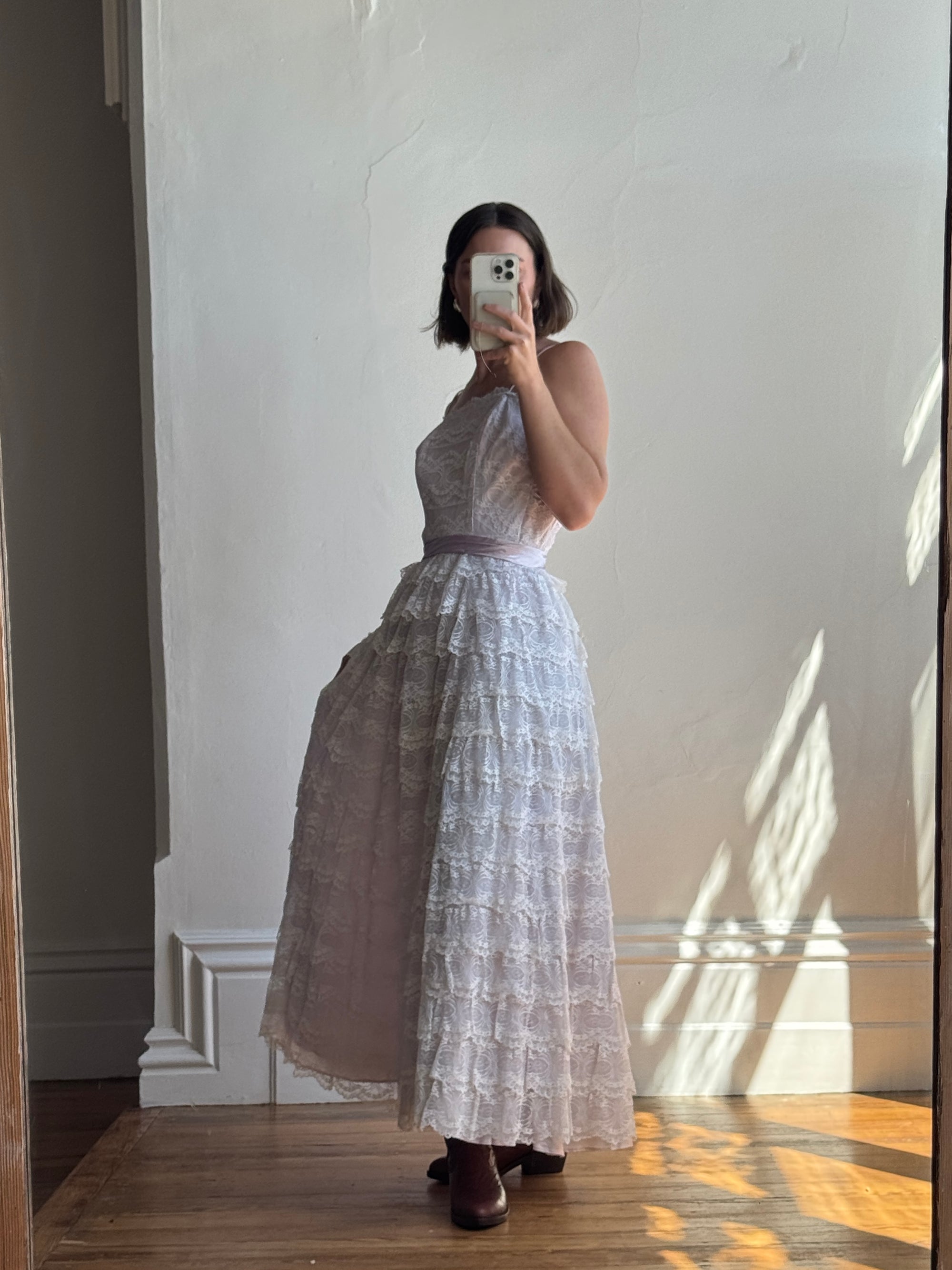 Vintage 50s Cupcake Tiered Lace Prom Dress Lilac