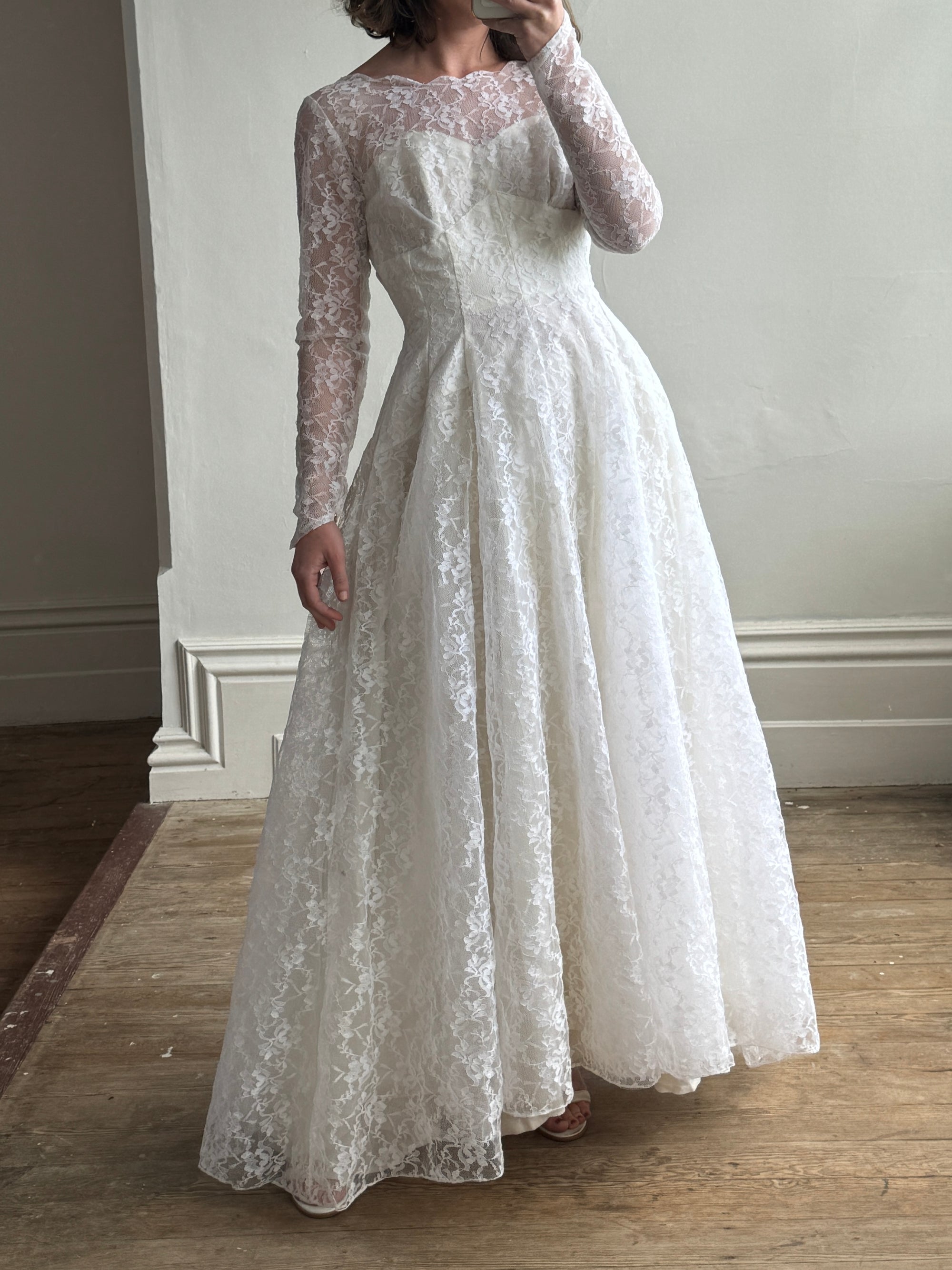 Vintage 50s Long Sleeved Princess Lace Bridal Gown