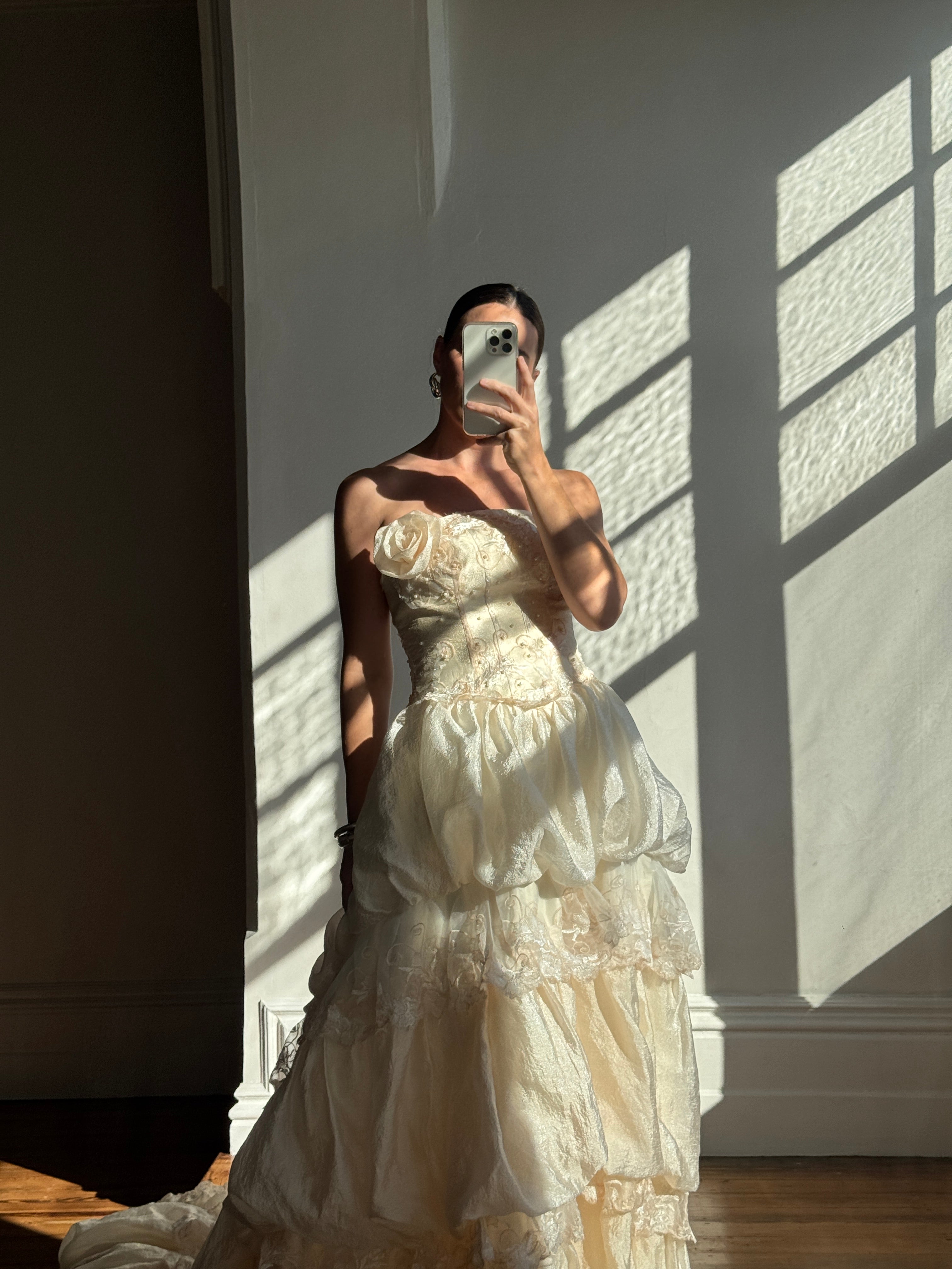 Vintage 90s Strapless Rosette Bubble Wedding Gown Peachy Creme