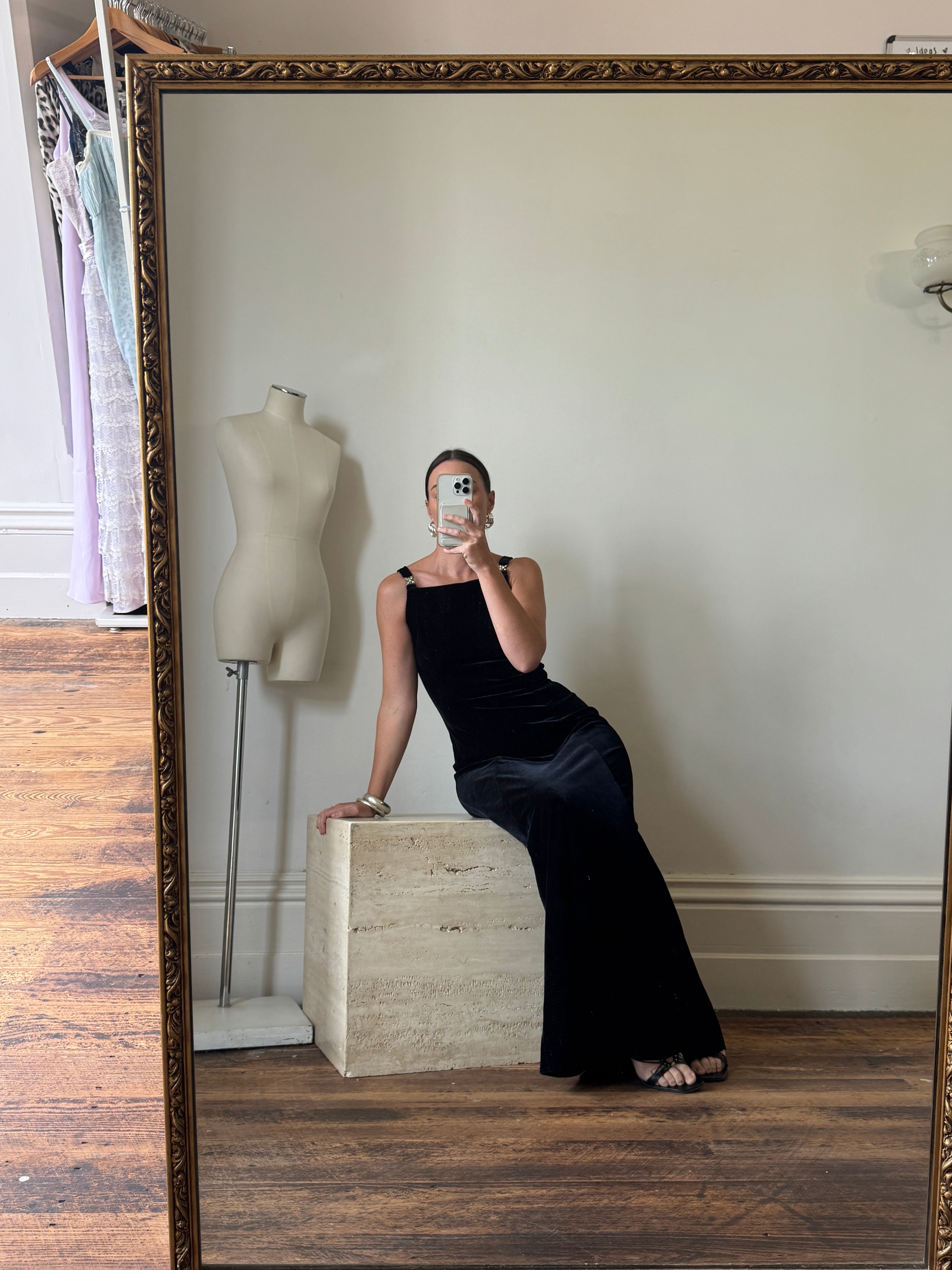 Vintage 90s Velvet High Front Evening Gown With Rhinestones
