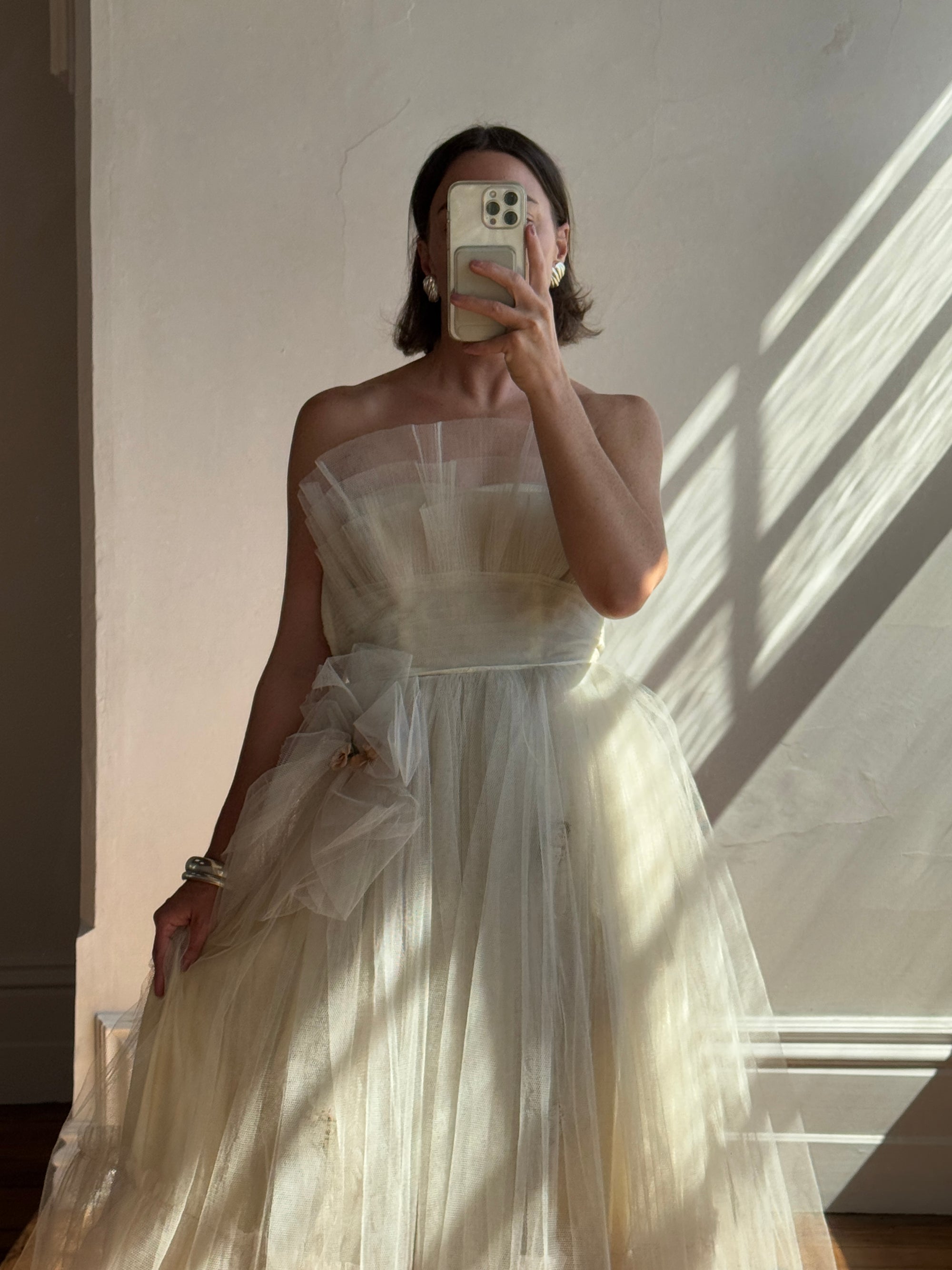 Vintage 50s Petite Bouquet Tulle Prom Dress Dusty Grey