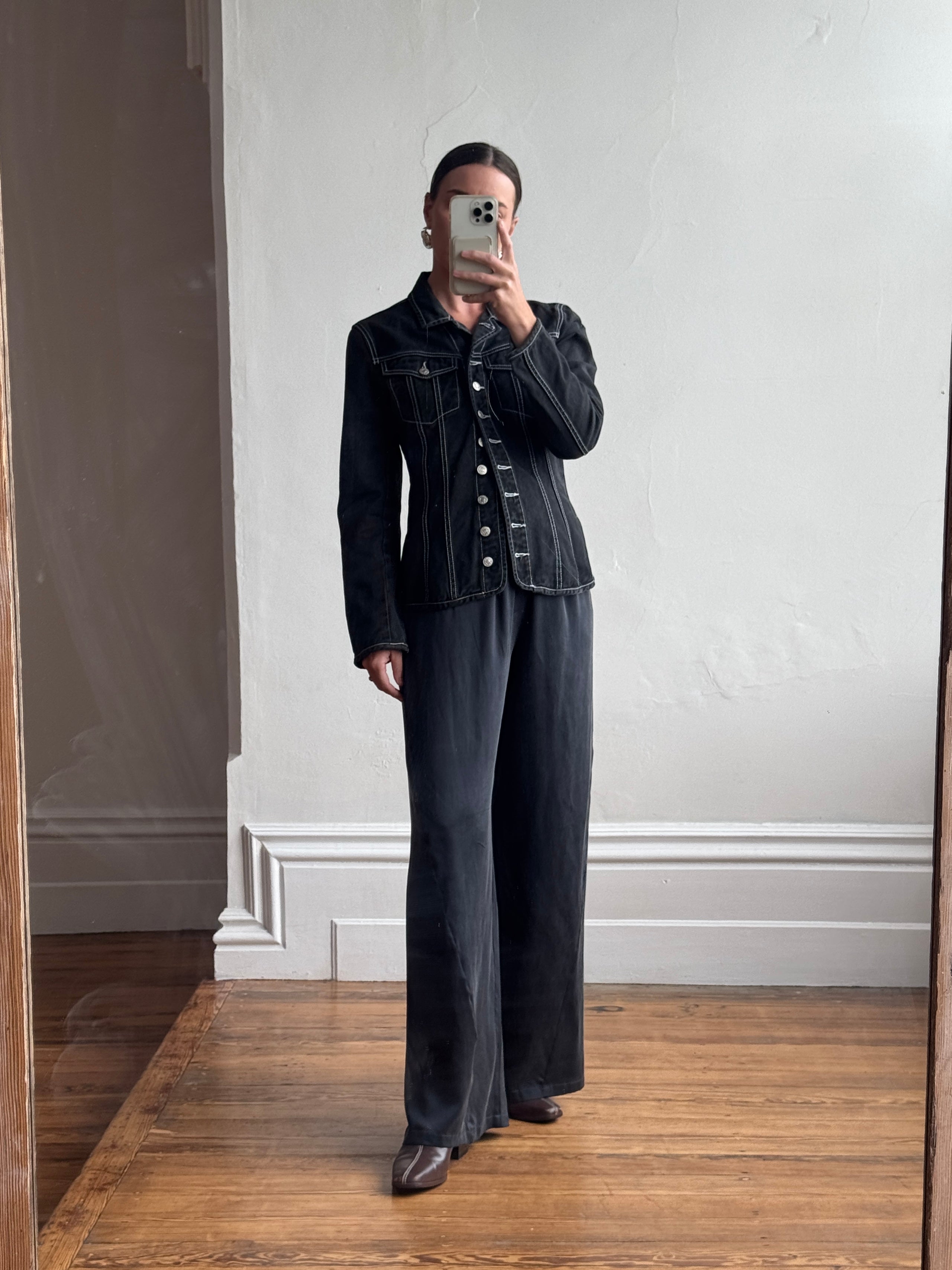 Vintage 90s Black Denim Contrast Stitch Top