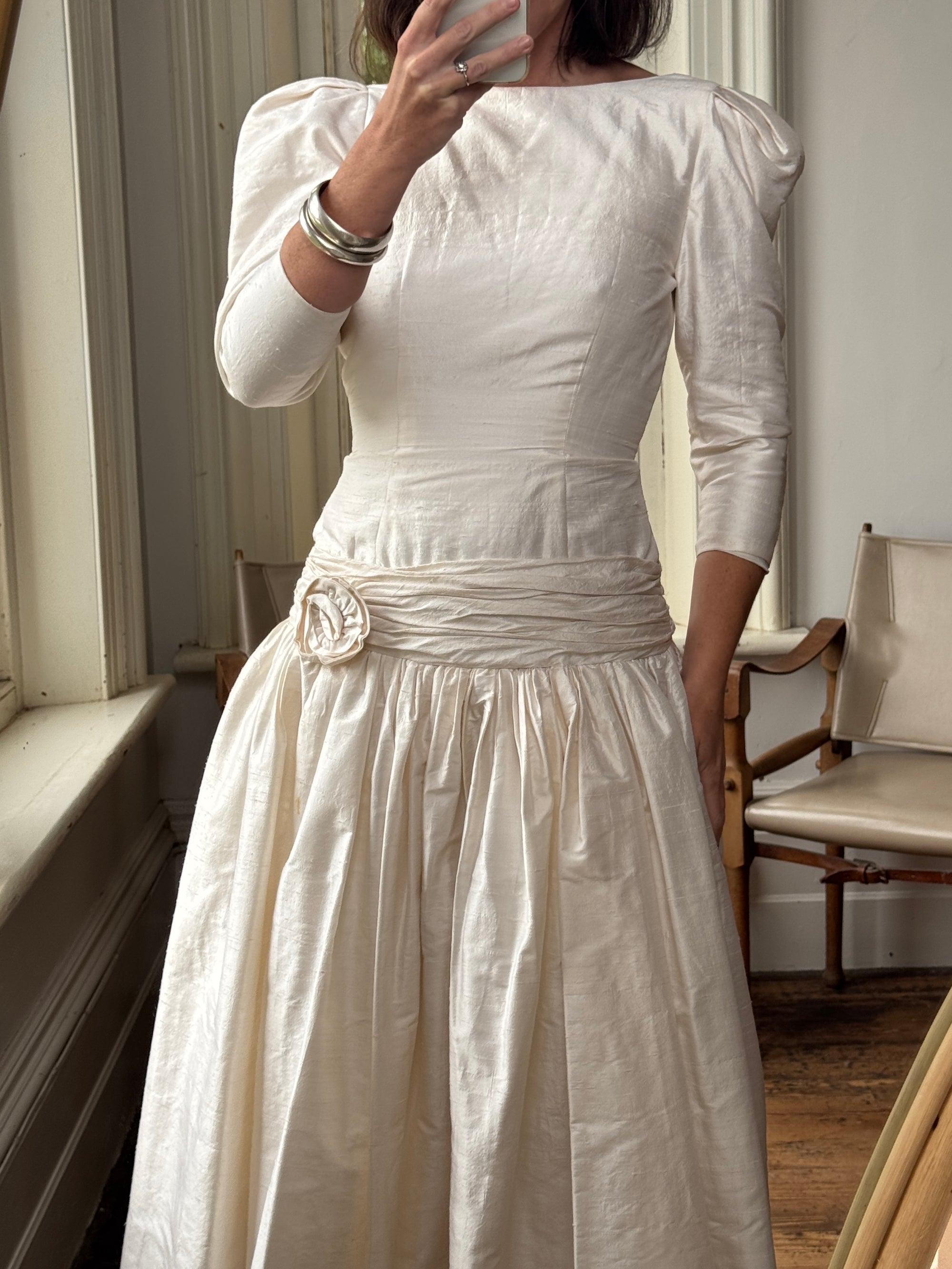 Vintage 80s Pure Silk Drop Waist Bridal Midi