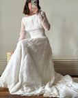 Vintage 50s Flocked Velvet Jacquard Wedding Gown with Bow Train
