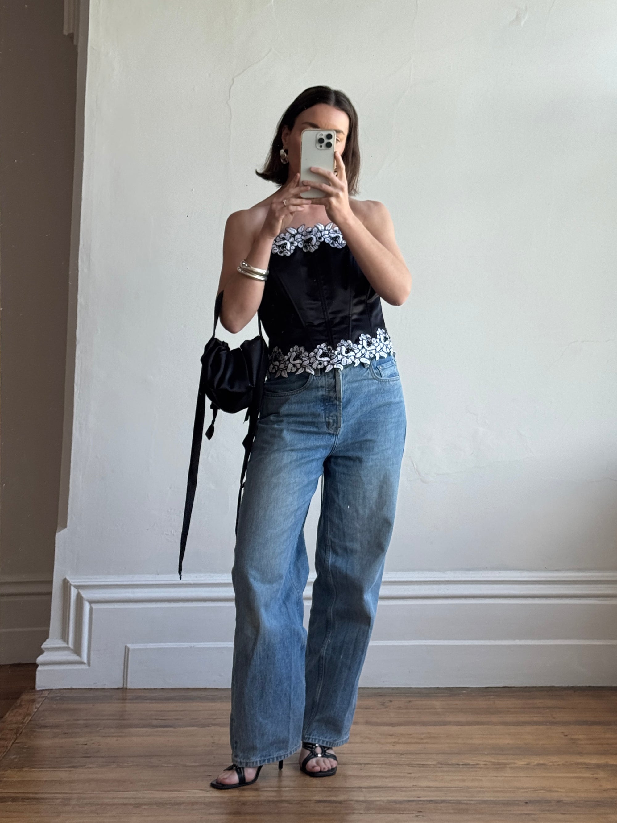 Vintage 90s Black Lace Up Corset with Contrast Flowers