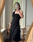 Vintage 90s One Shoulder Ruffle Jersey Dress Noir
