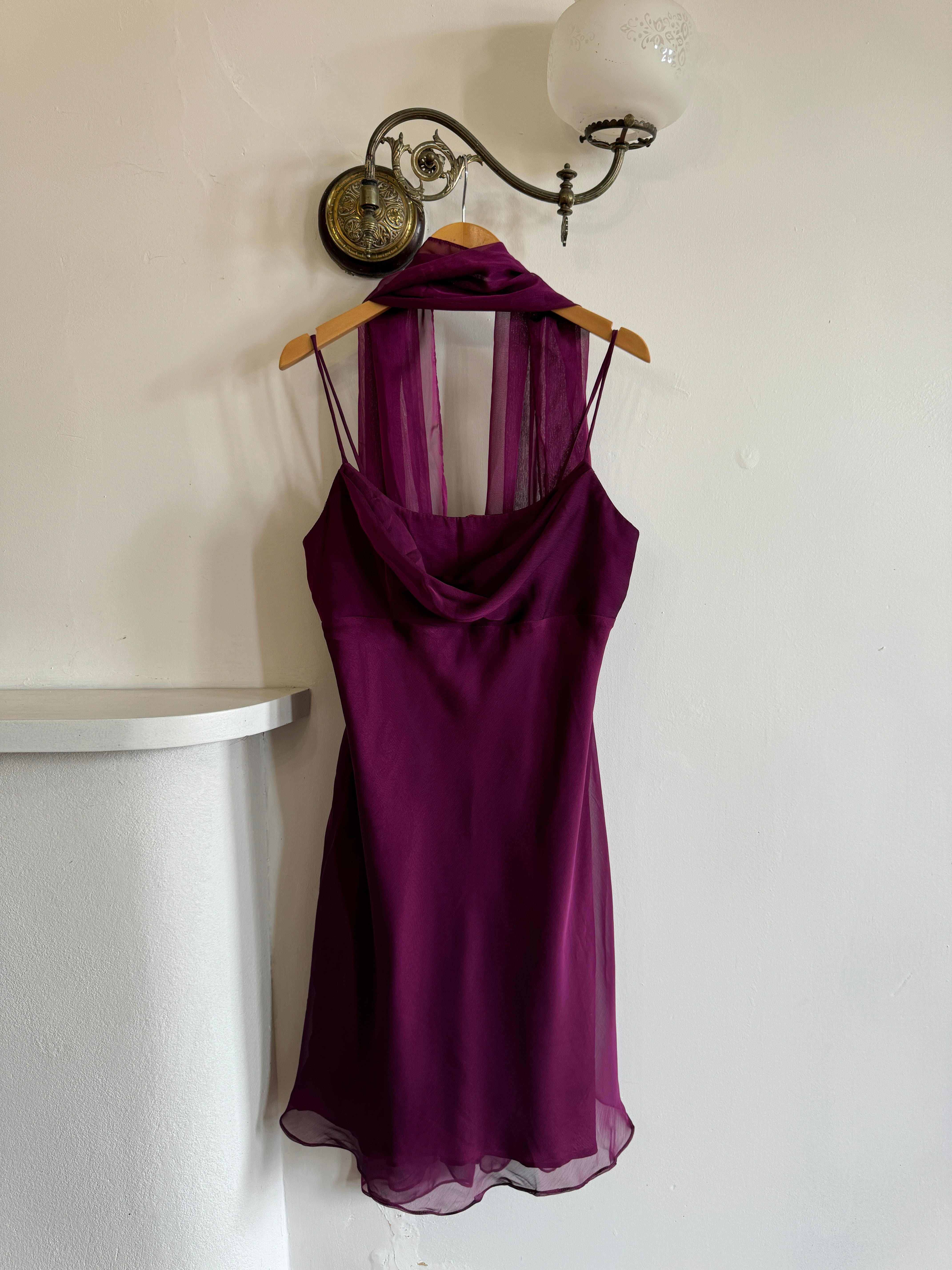 Vintage 90s Eggplant Cowl Neck Mini Dress With Scarf