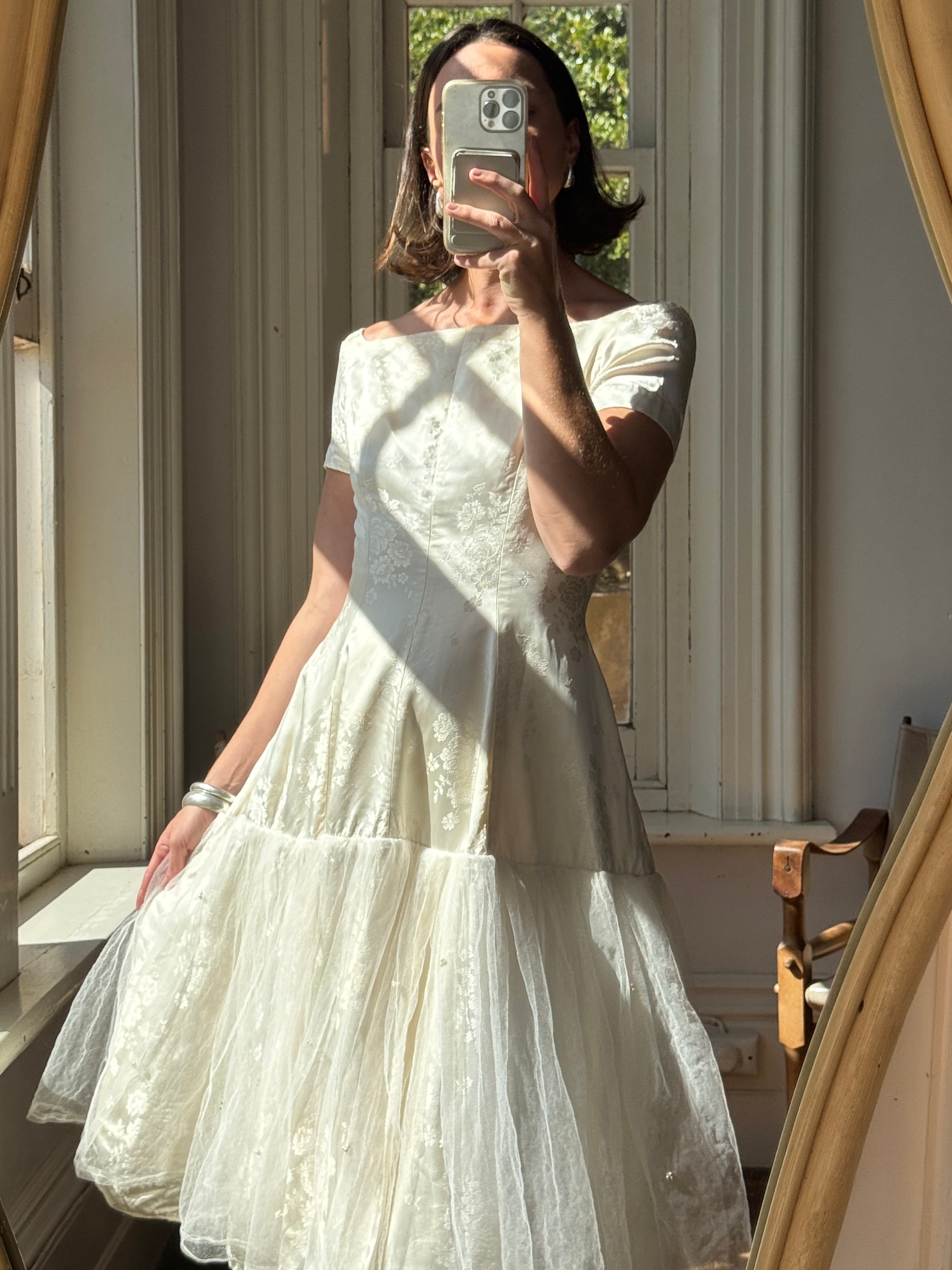 Vintage 50s Tea Length Jacquard Satin and Tulle Wedding Dress