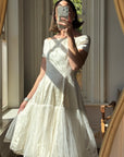 Vintage 50s Tea Length Jacquard Satin and Tulle Wedding Dress