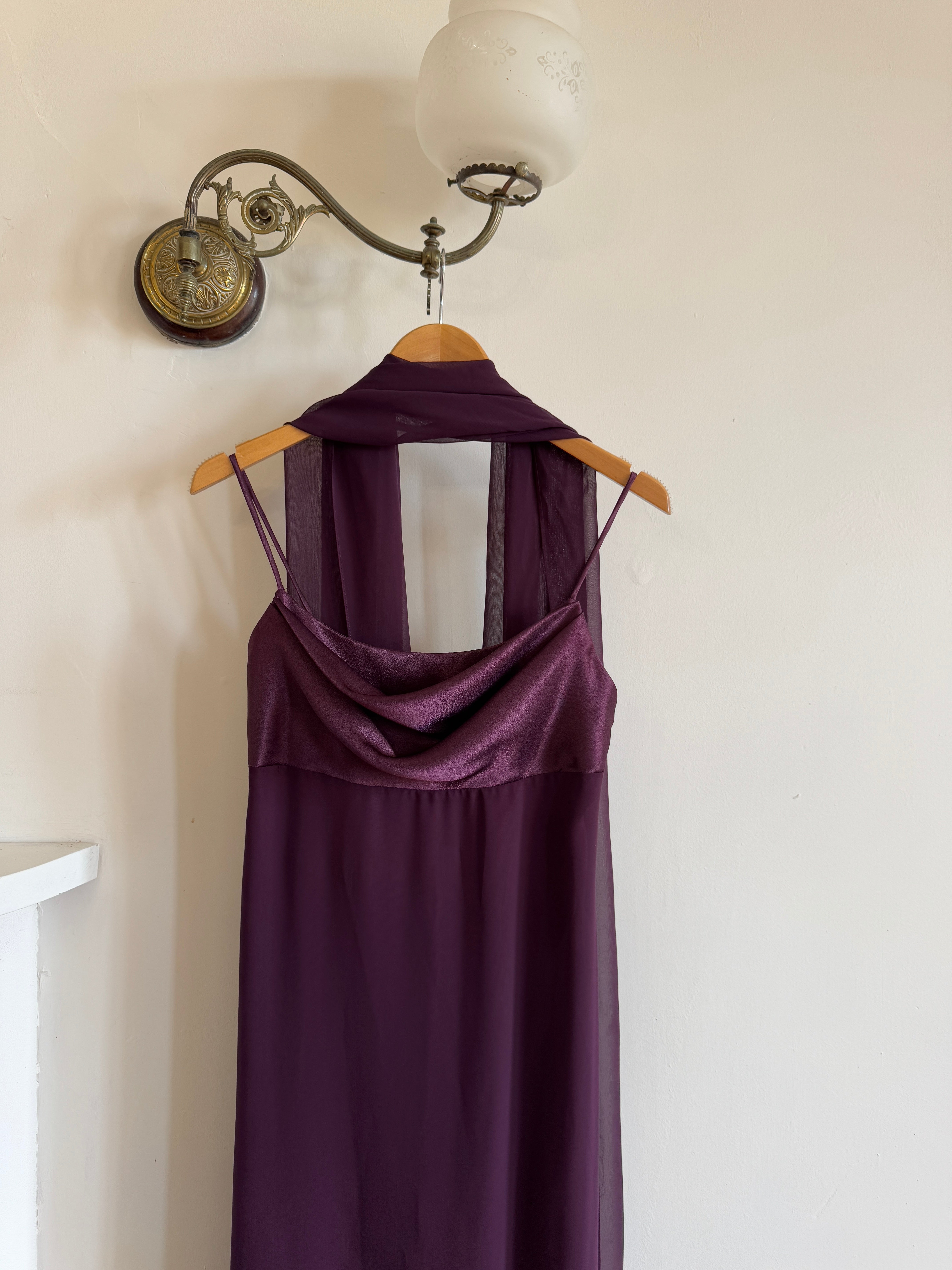 Vintage 90s Aubergine Cowl Neck Dress With Scarf
