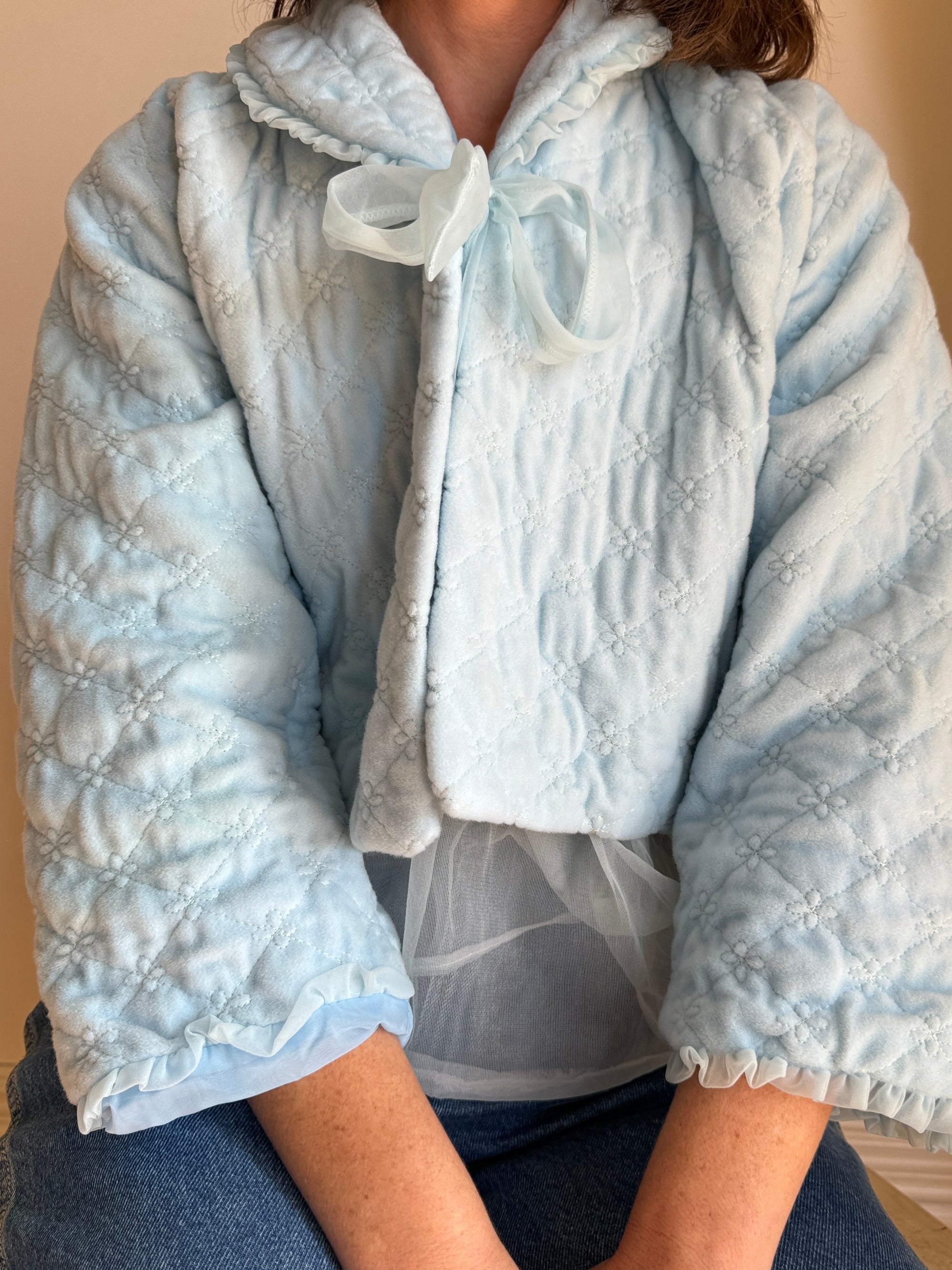 Vintage 50s Cropped Quilted Tie Cardi Sky Blue