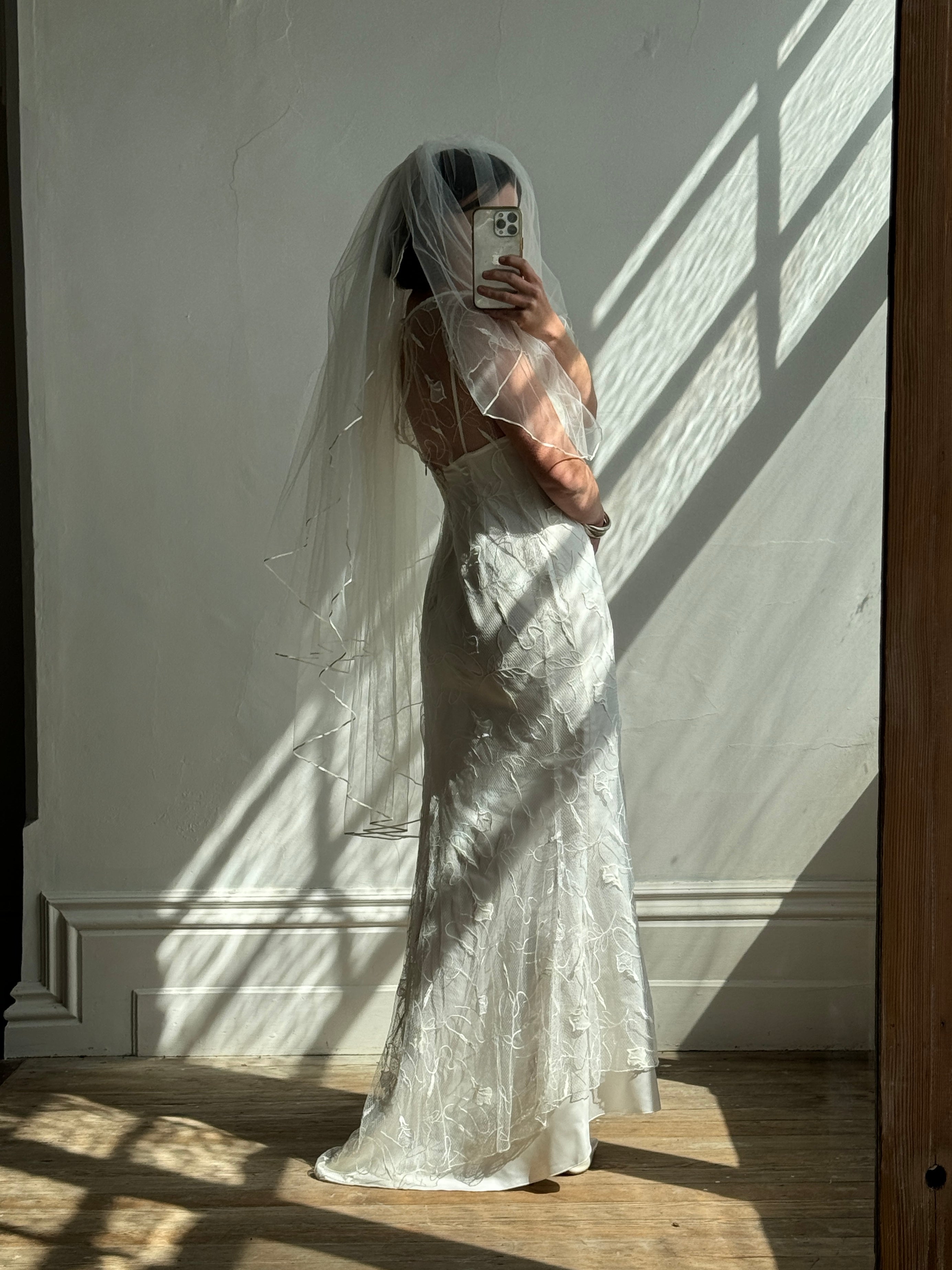 Vintage 90s Net Cowl Neck Mermaid Wedding Dress