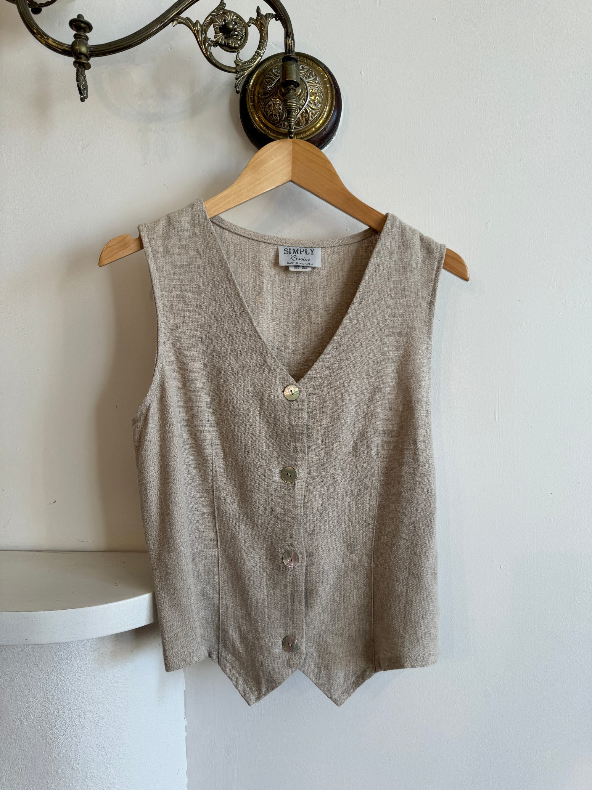 Vintage Linen Blend Beige Vest with Tie