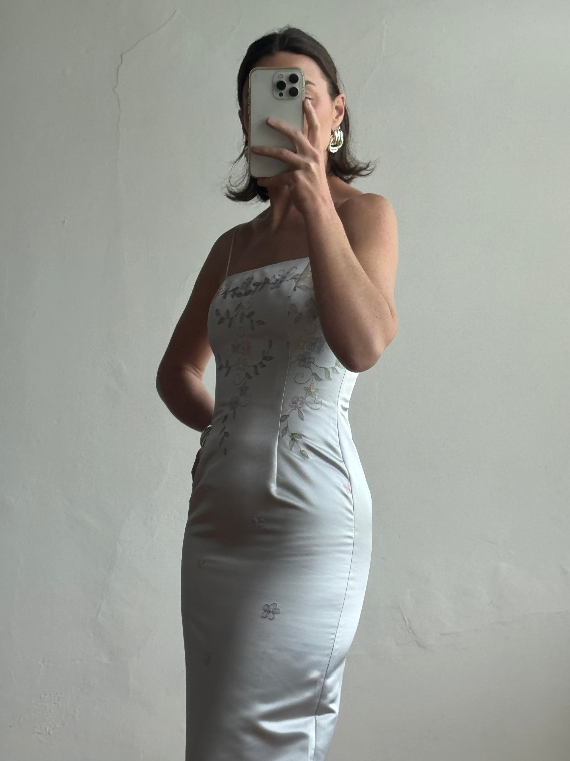 Vintage 90s Baby Blue Satin Embroidered Floral Column Midi