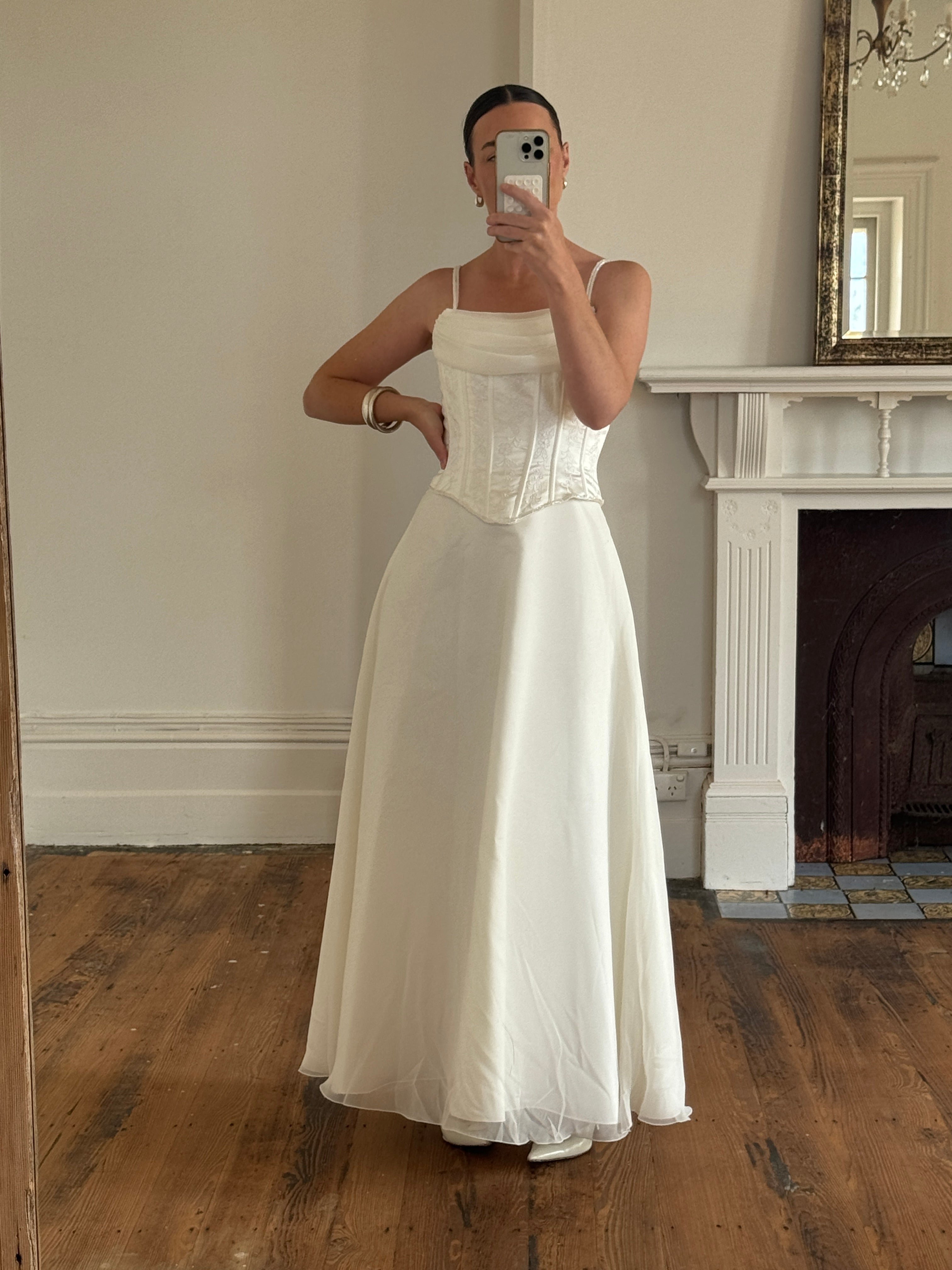 Vintage 90s Cowl Neck Jacquard Bodice Satin Wedding Dress
